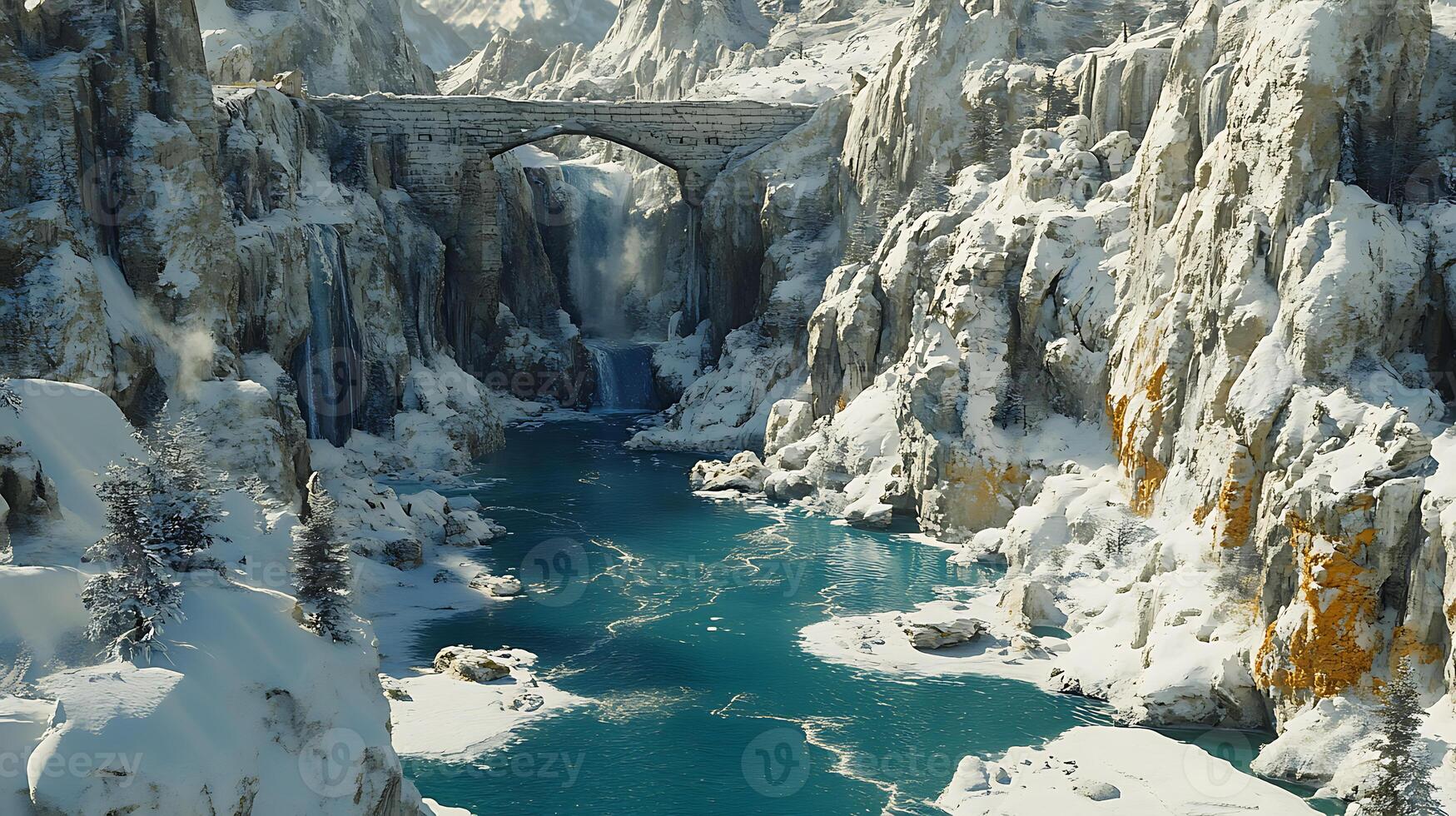 Snowy Mountain Valley with Frozen River and Stone Arch Bridge photo