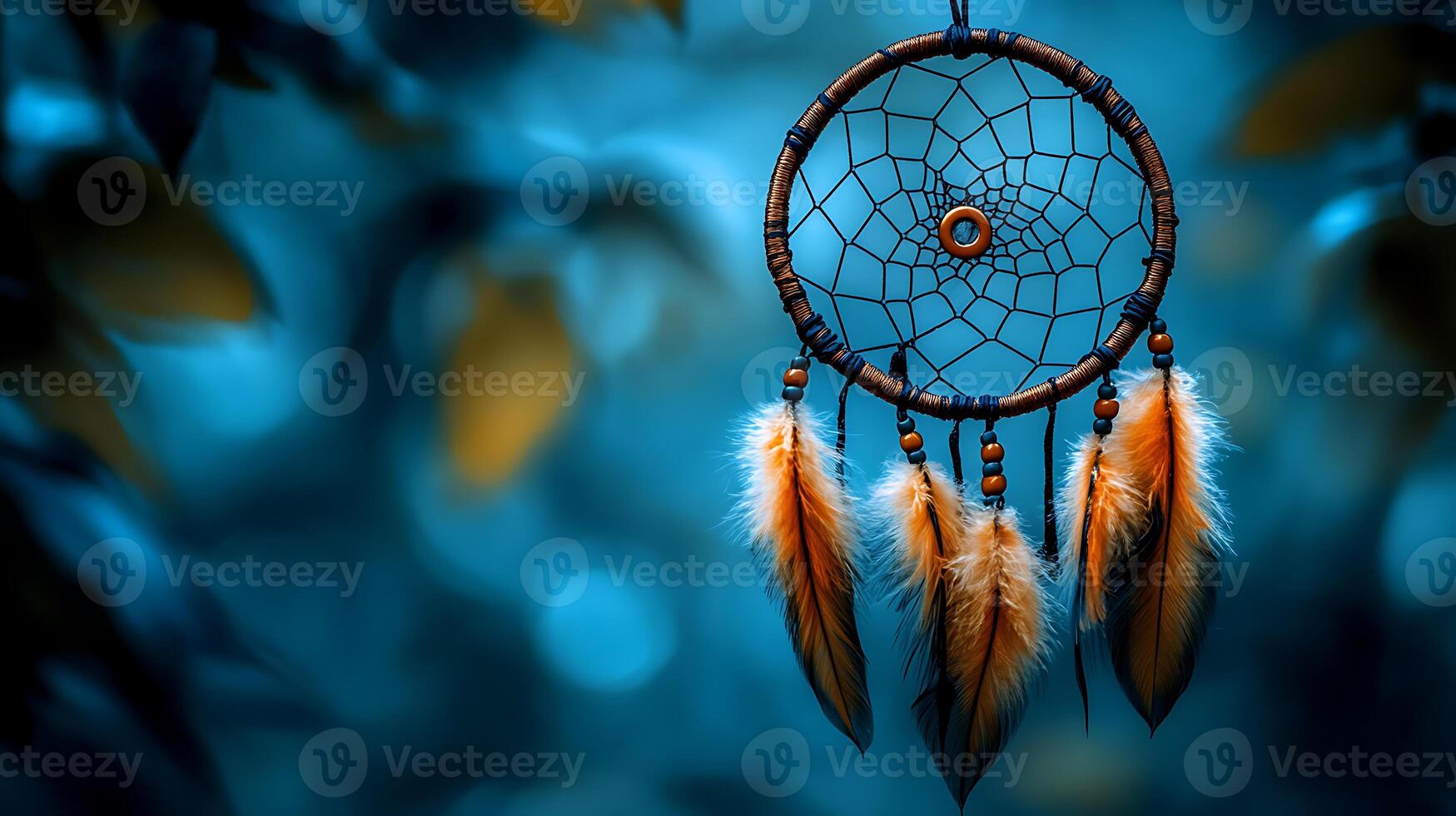Dreamcatcher With Feathers in Serene Blue Forest Background photo