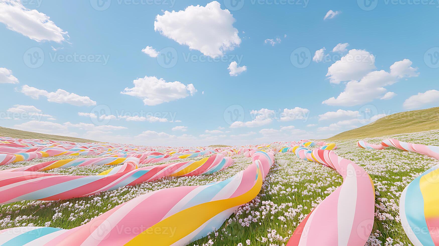 Colorful Twisted Ribbons in a Vibrant Meadow Under a Clear Blue Sky photo