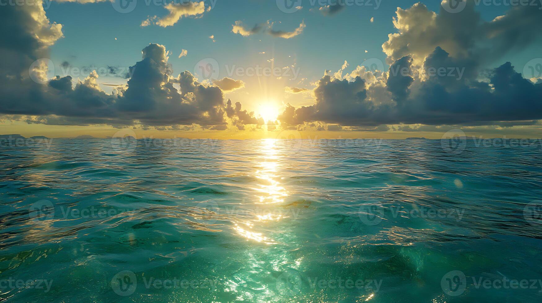 Serene Ocean View With Sunset Over Calm Reflective Water and Scenic Clouds photo