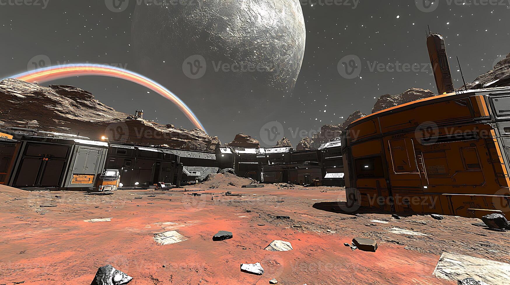 Futuristic Space Colony Under Planetary Sky with Natural Rock Formations photo