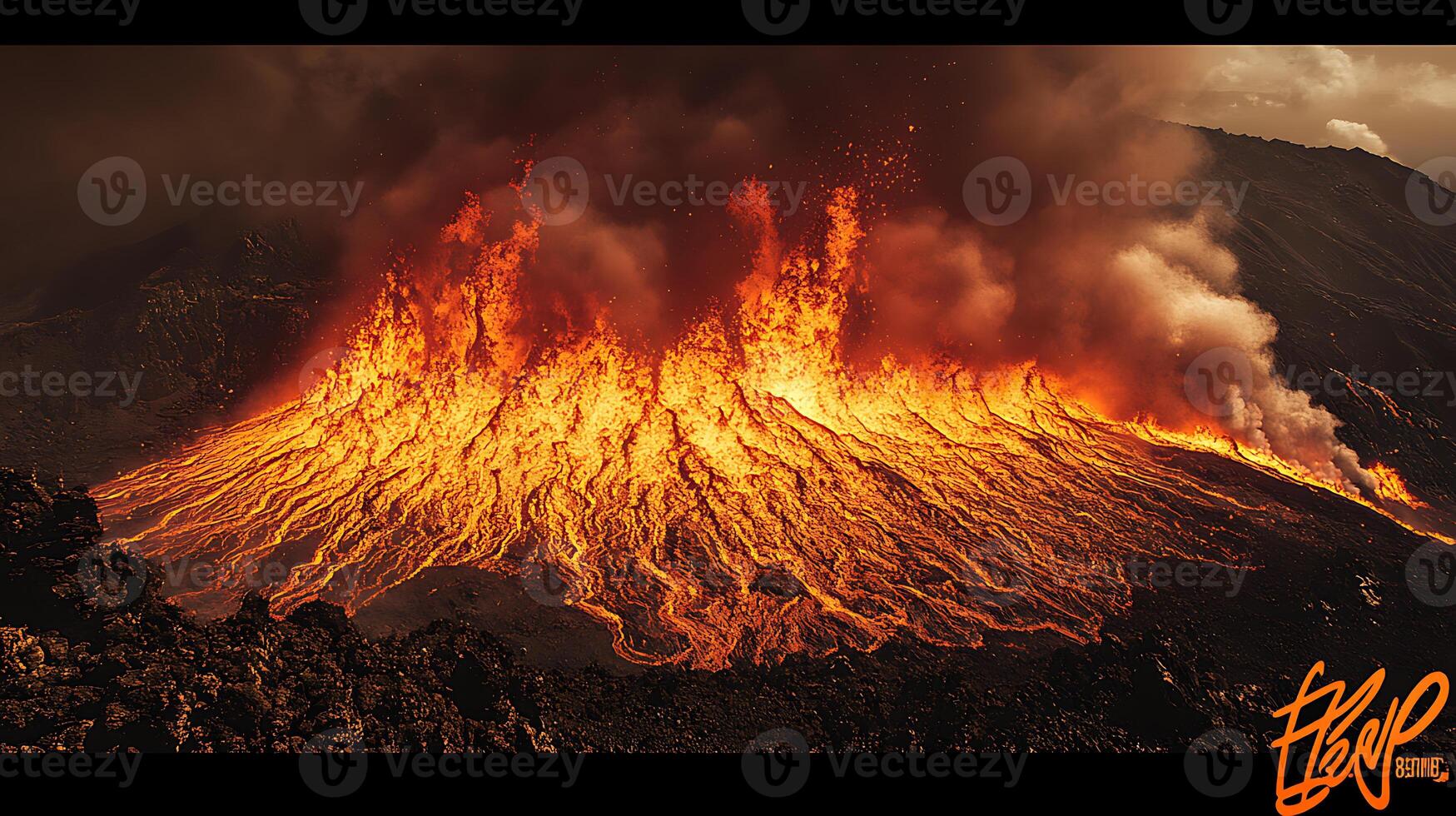 A Breathtaking Display of Volcanic Eruption with Fiery Lava Flow photo