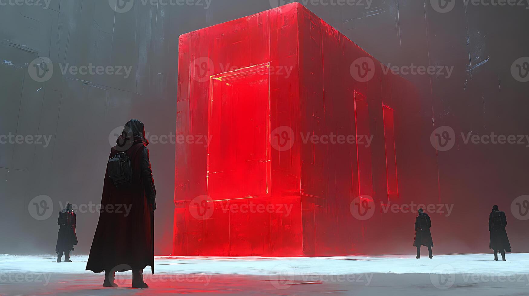 Futuristic Figure Facing a Glowing Monolithic Red Structure in a Dim Setting photo