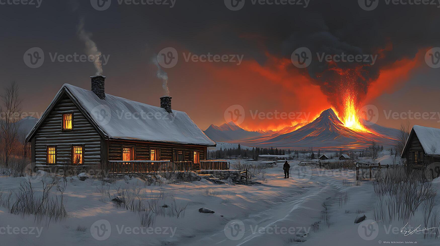 Peaceful Winter Scenery with Erupting Volcano in the Background photo