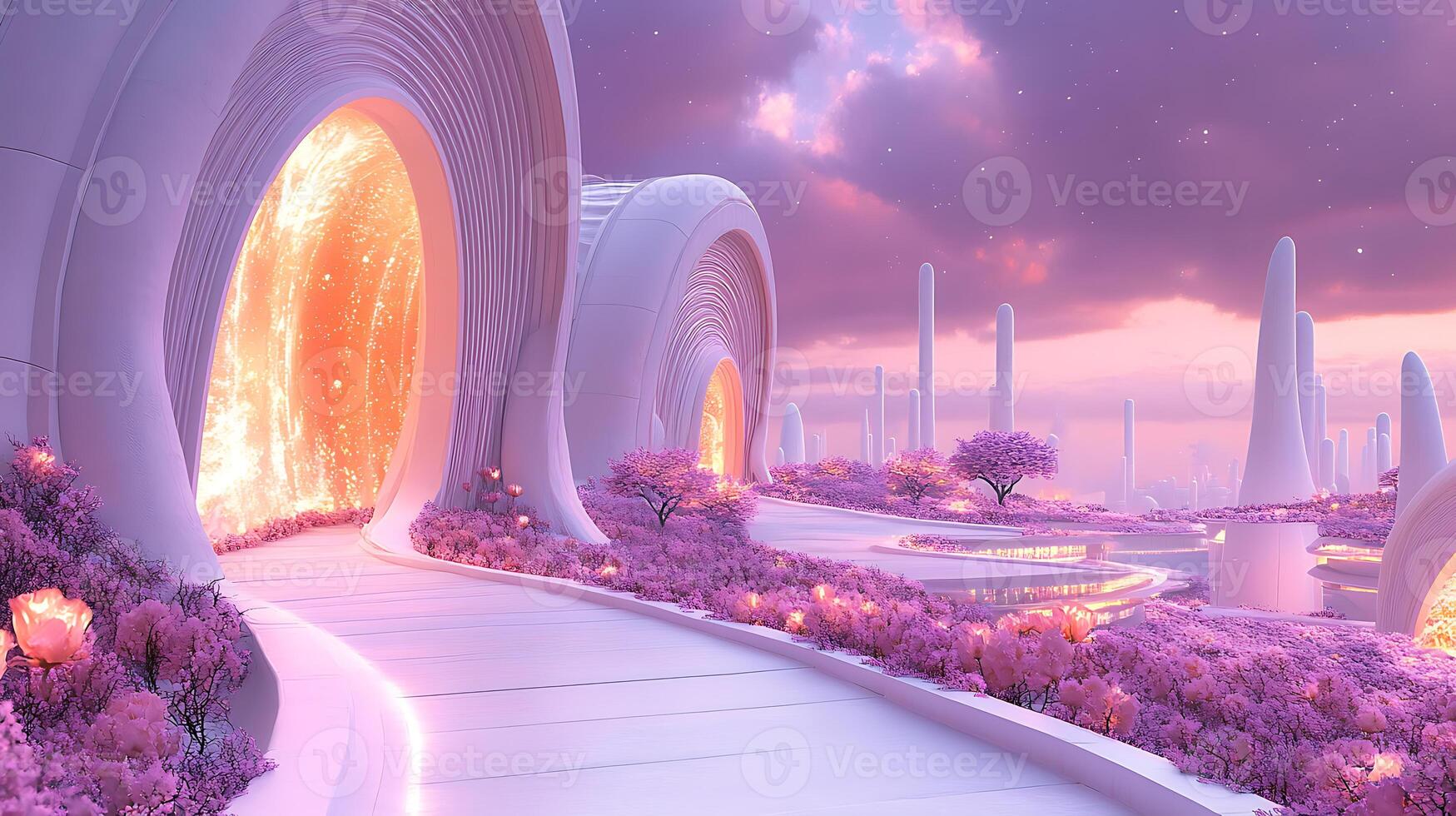 Futuristic Garden Pathway with Glowing Portals and Blossoming Trees photo