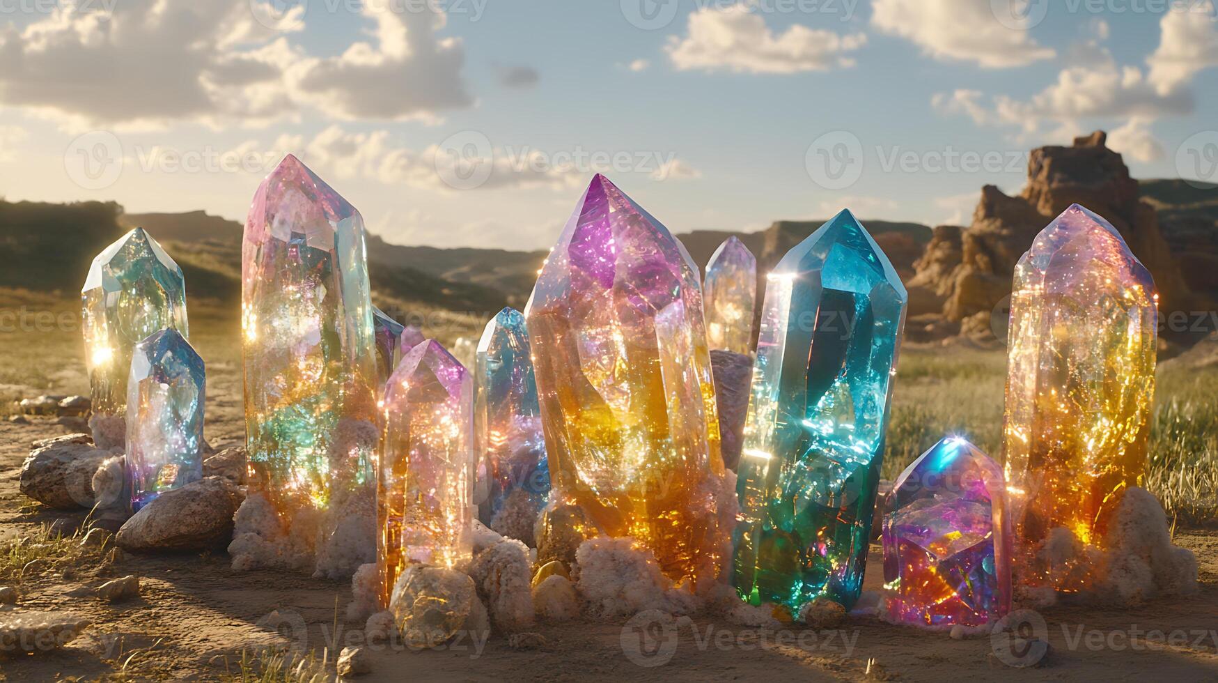 Vivid Multicolored Crystals Emanating Sparkling Light in a Scenic Wilderness Landscape photo