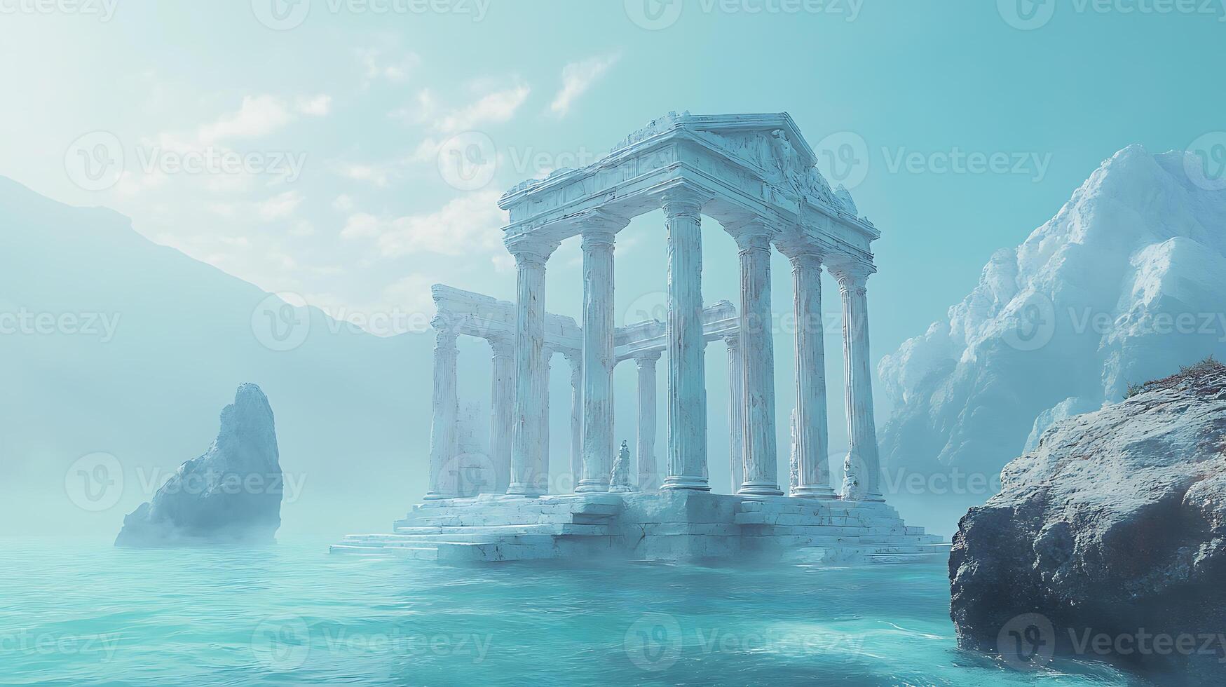 Ancient Marble Ruins Amid Tranquil Aquatic Mountain Scenery photo