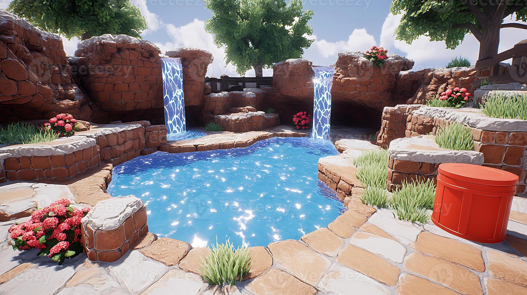 Tranquil Garden Pool With Cascading Waterfalls and Lush Vegetation photo