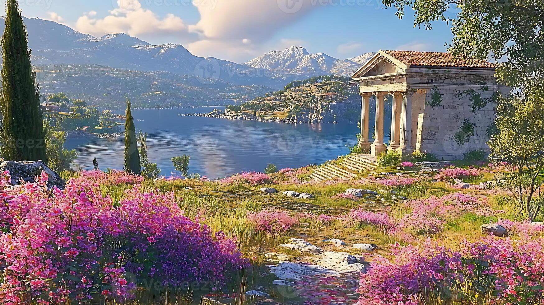 Tranquil Ancient Temple by a Idyllic Lake with Blooming Meadow photo