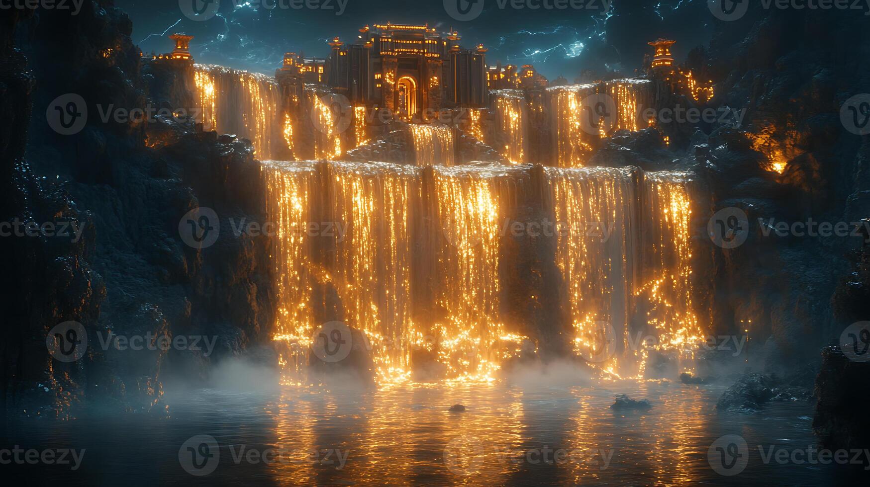 Illuminated Palace Over Stunning Waterfalls at Night photo