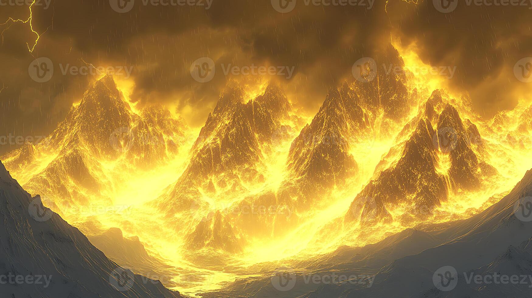 Fiery Volcanic Eruption and Lightning Over Rugged Mountain Landscape photo