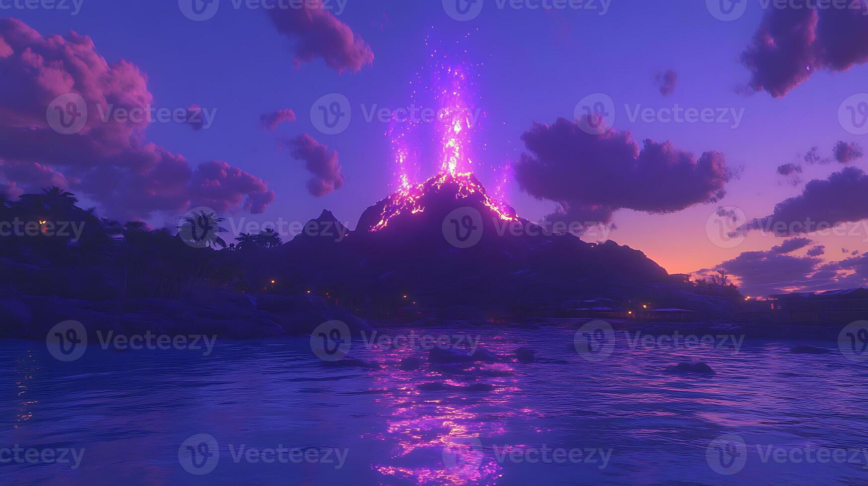 Spectacular Purple Lava Erupting From a Volcano at Sunset photo