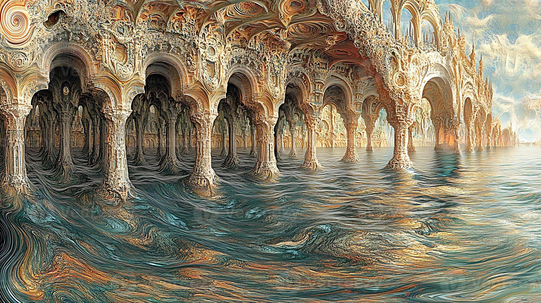 Dreamlike Arches and Swirling Ocean in Lush Fantasy Environment photo