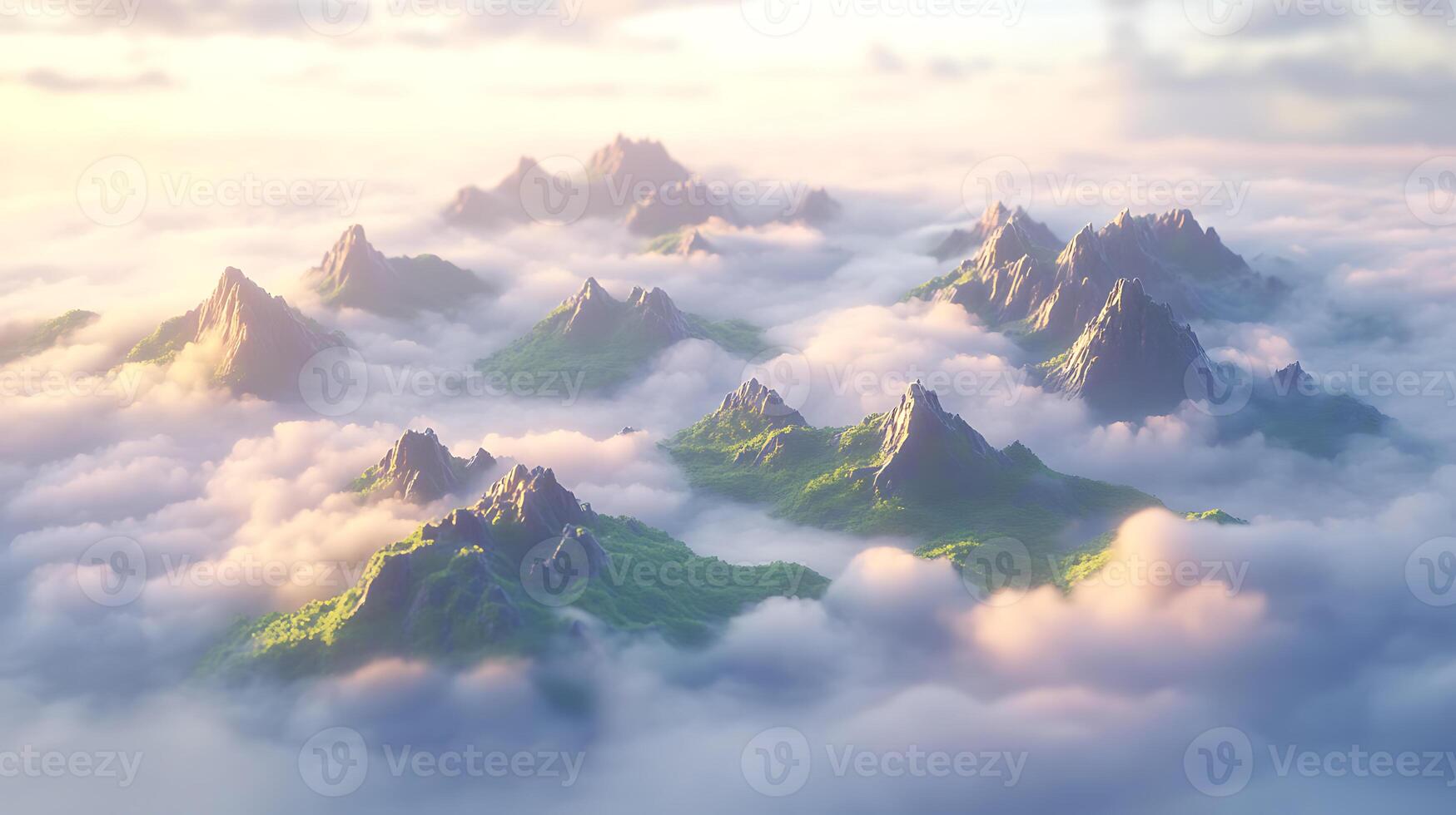 Scenic Floating Island Peaks Surrounded by Clouds at Sunrise photo