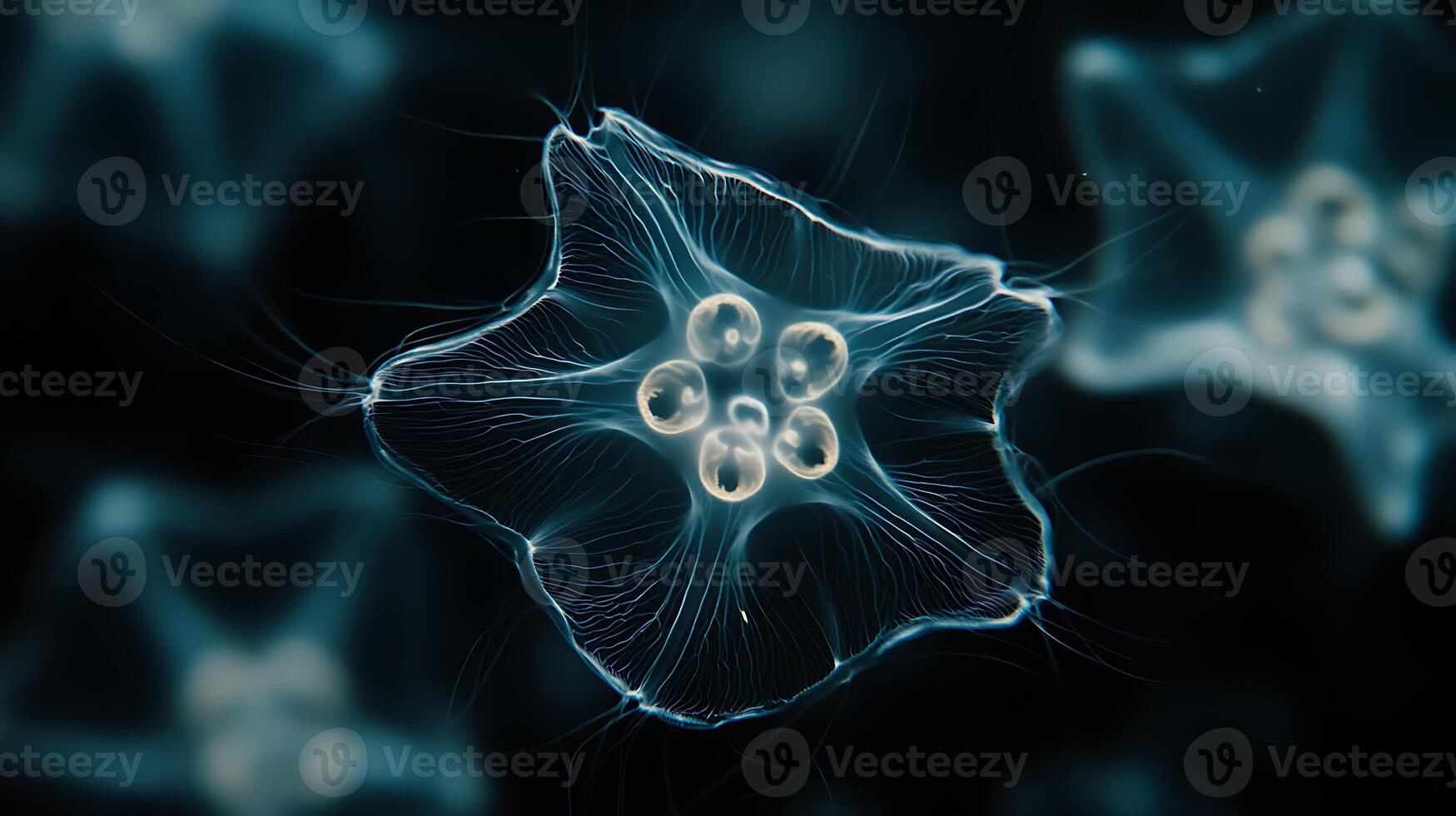 Abstract Glow of Microscopic Bioluminescent Jellyfish Clusters on Dark Background photo