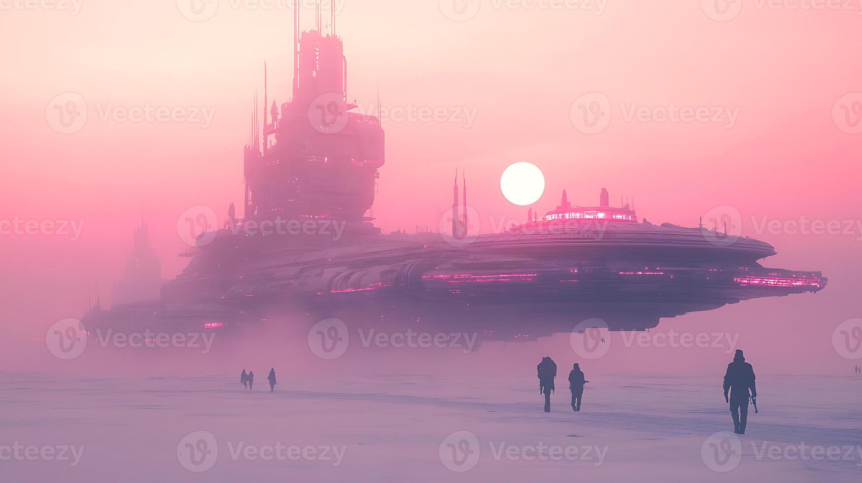 Futuristic Spaceship Hovering Above a Pink Misty Landscape at Sunset photo