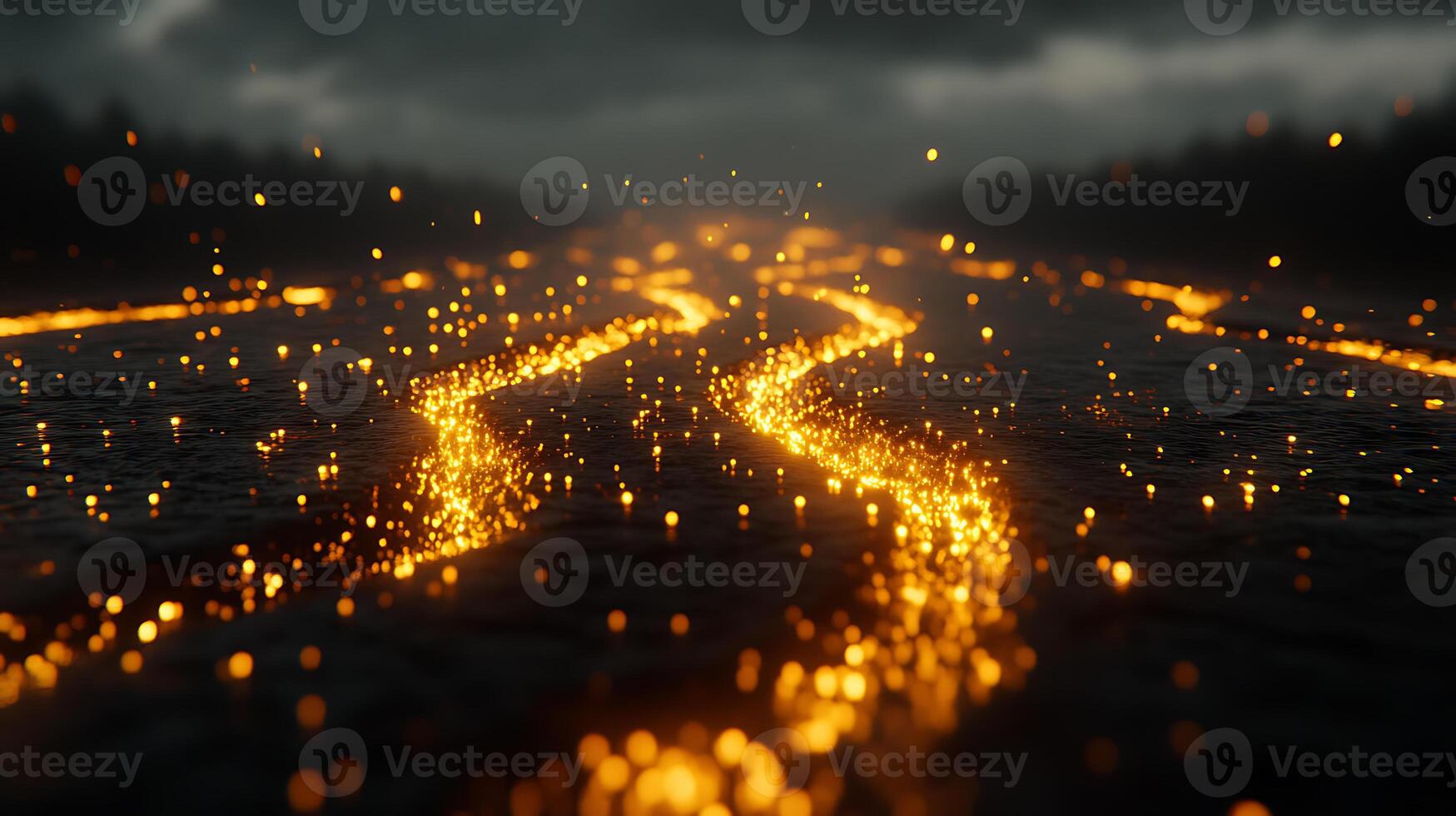 Golden Threads of Light Flowing Over a Dark Pathway at Night photo