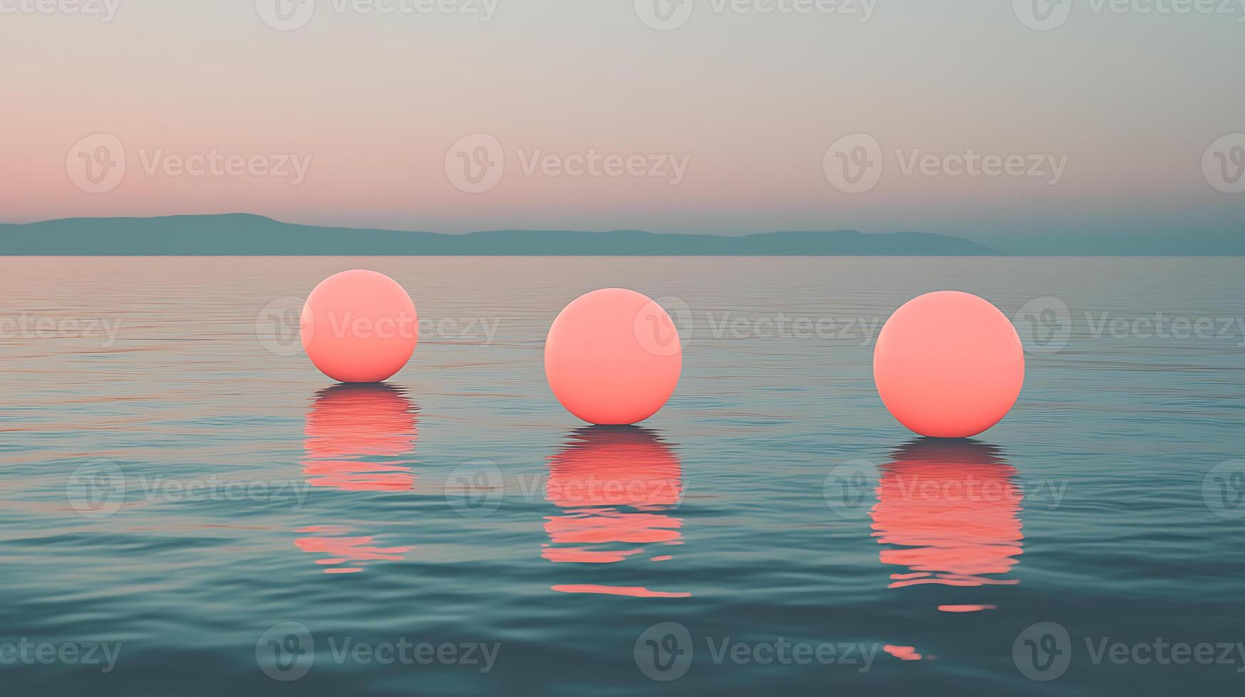 Three Pink Spheres Reflecting on Calm Ocean at Sunset photo