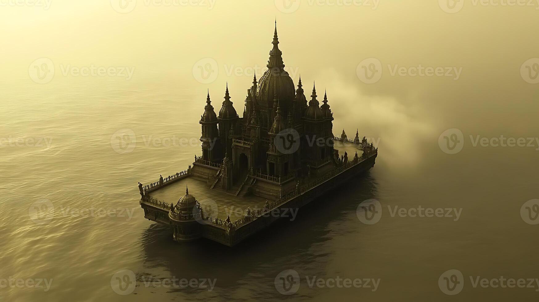 Mysterious Floating Temple on Reflective Misty Waters in Golden Light photo