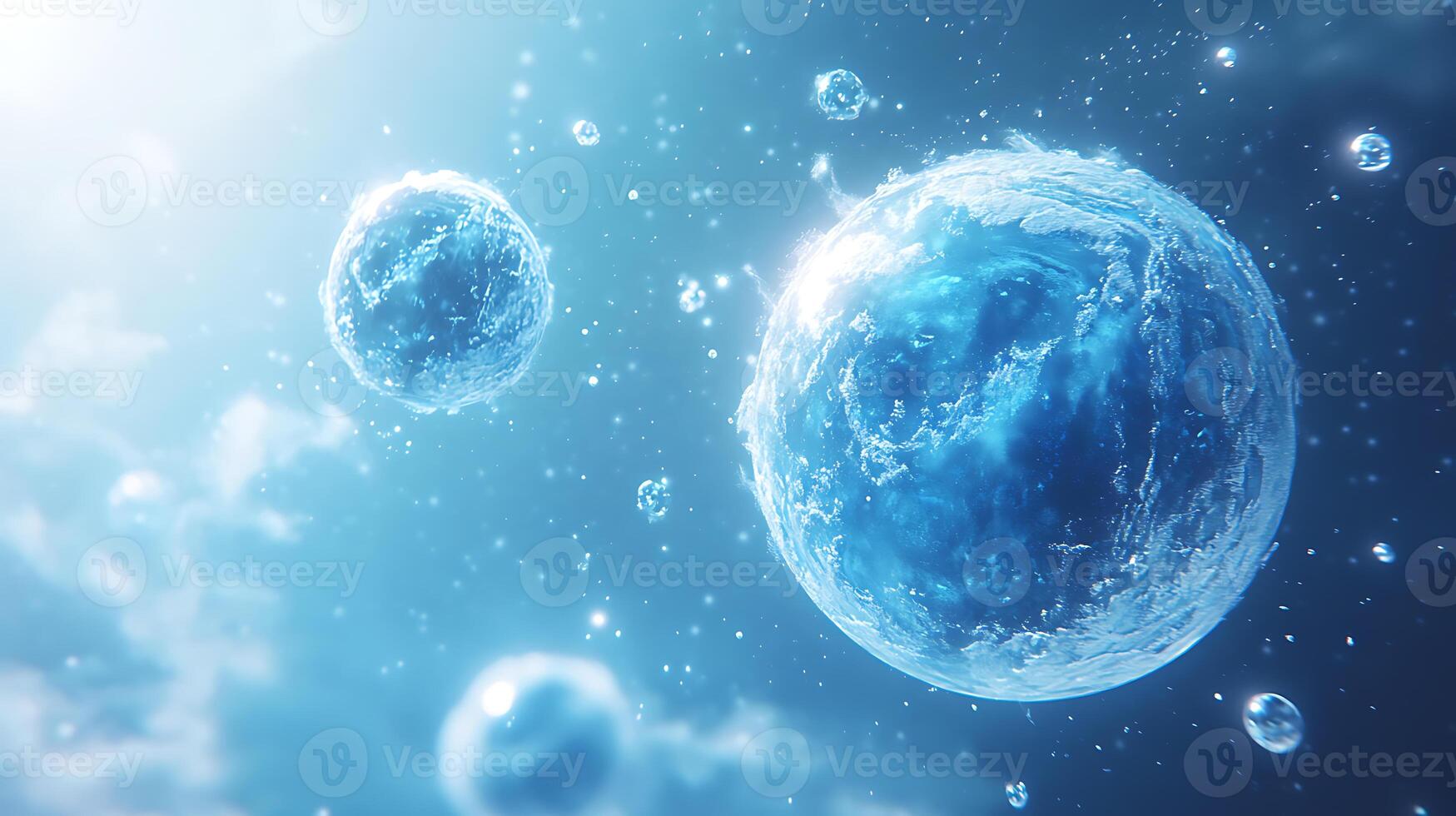 Abstract Blue Spheres Floating Among Light Rays in a Mystical Atmosphere photo