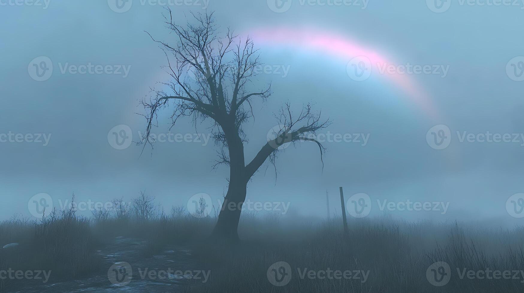 Misty Landscape with Tree and Rainbow Under Soft Gloomy Atmosphere photo