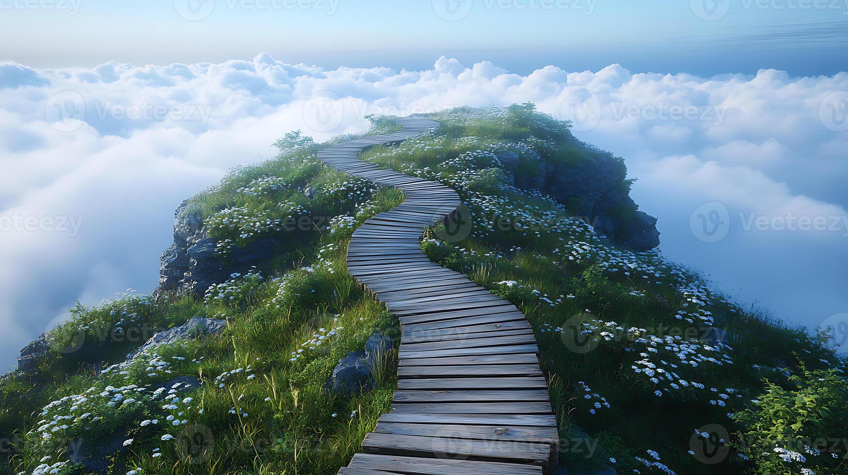 Serene Wooden Pathway Above Clouds Surrounded by Wildflowers and Greenery photo