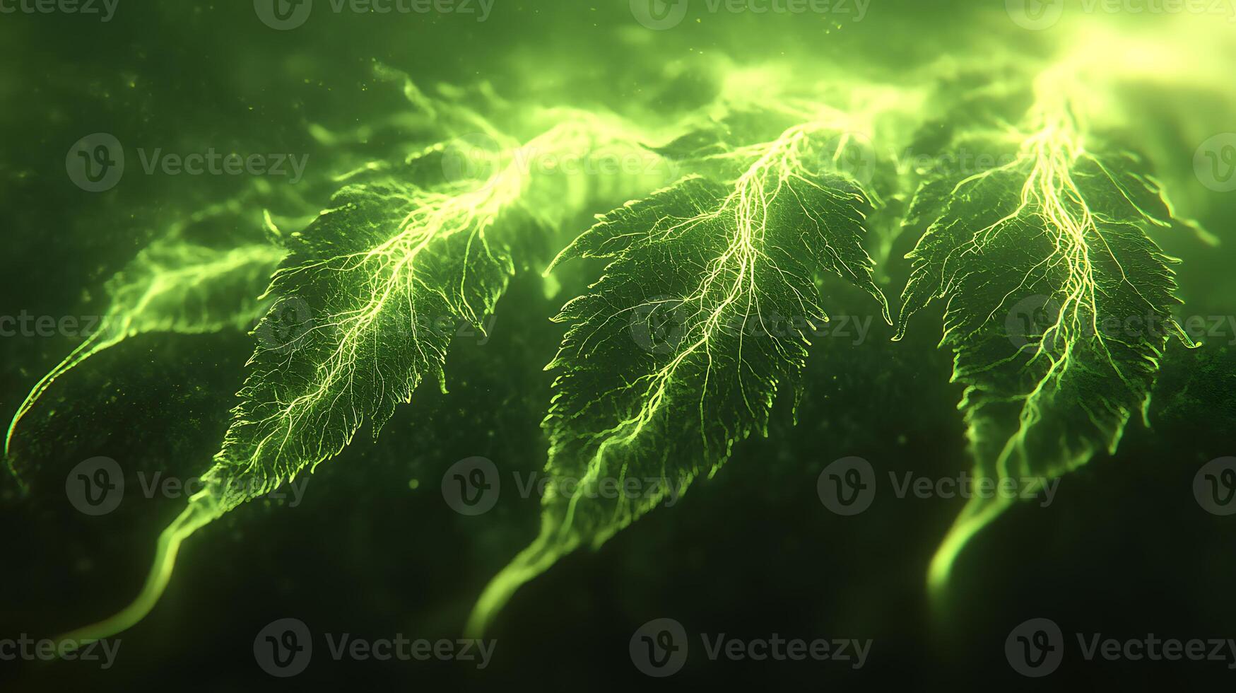 Glowing Green Leaves Displaying Vivid Electric Detailing in Luminescent Environment photo