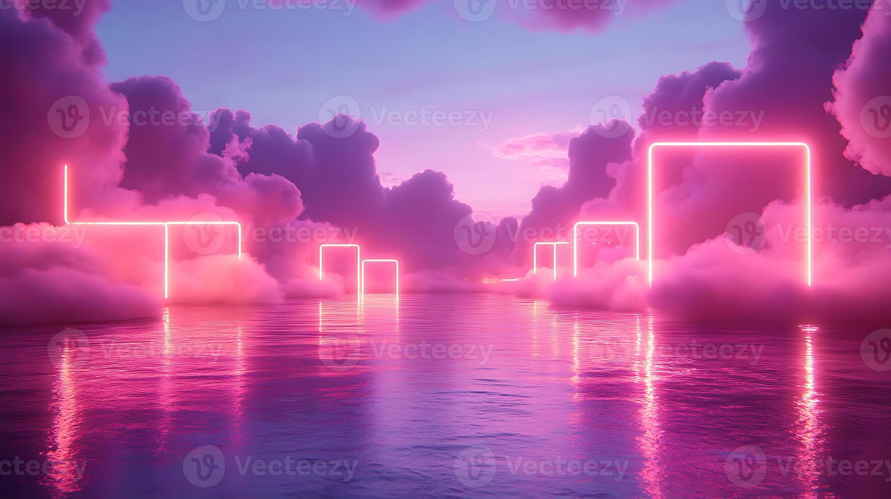 Futuristic Landscape with Neon Frames Amidst a Vibrant Sky and Water photo