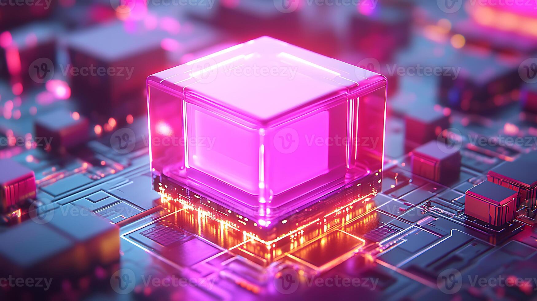 Abstract Glowing Cube on a Futuristic Circuit Board Surface photo