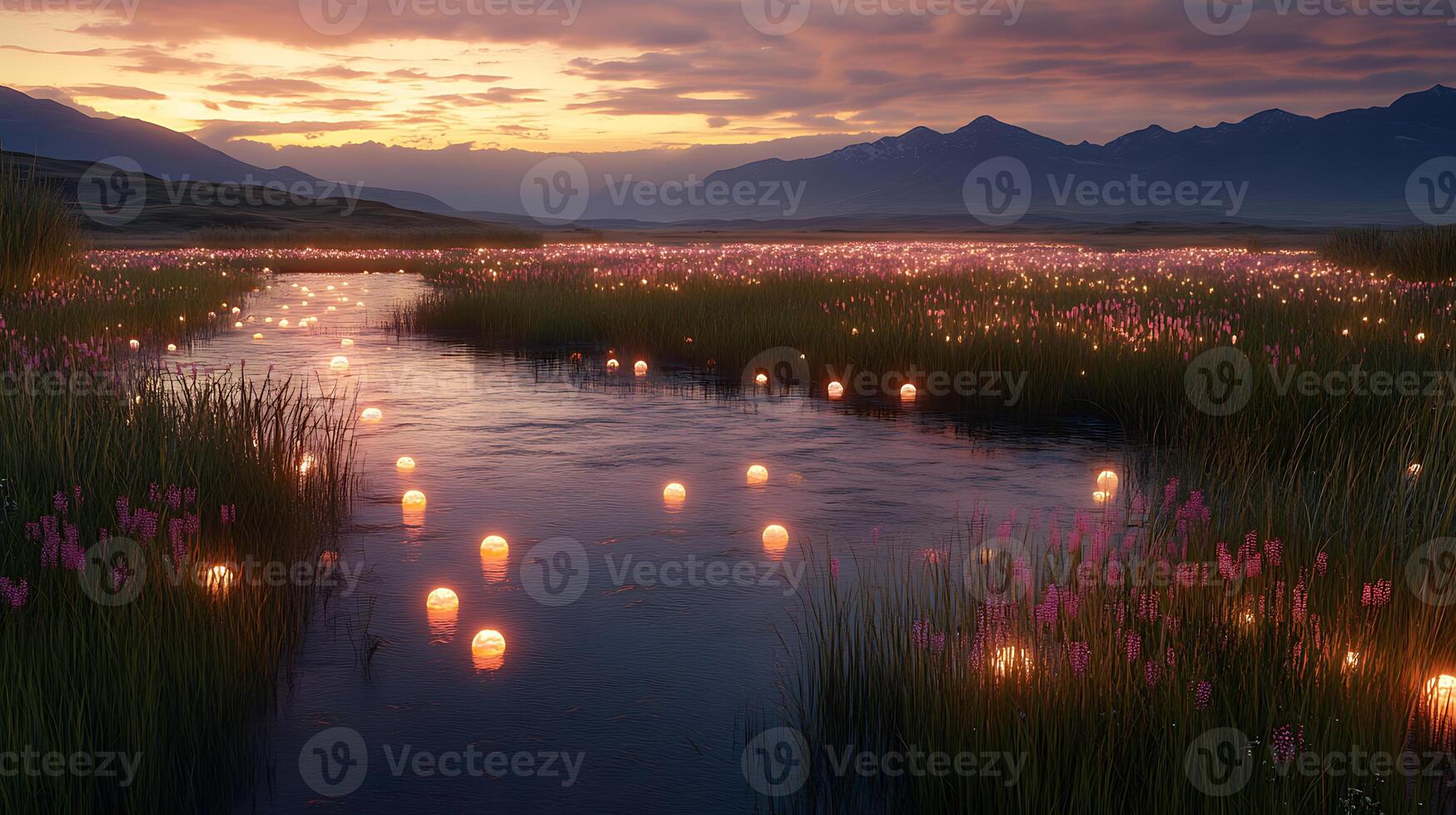 Magical Sunset Scene With Illuminated Lanterns On a Calm River photo