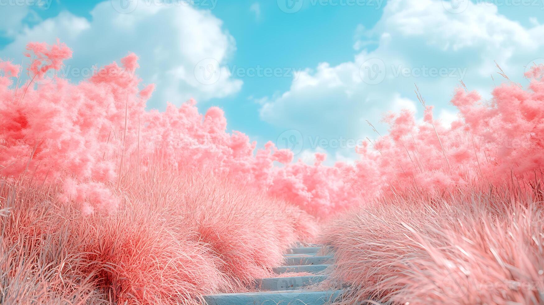 Serene Pathway Through Pink Grass under Vibrant Blue Sky photo