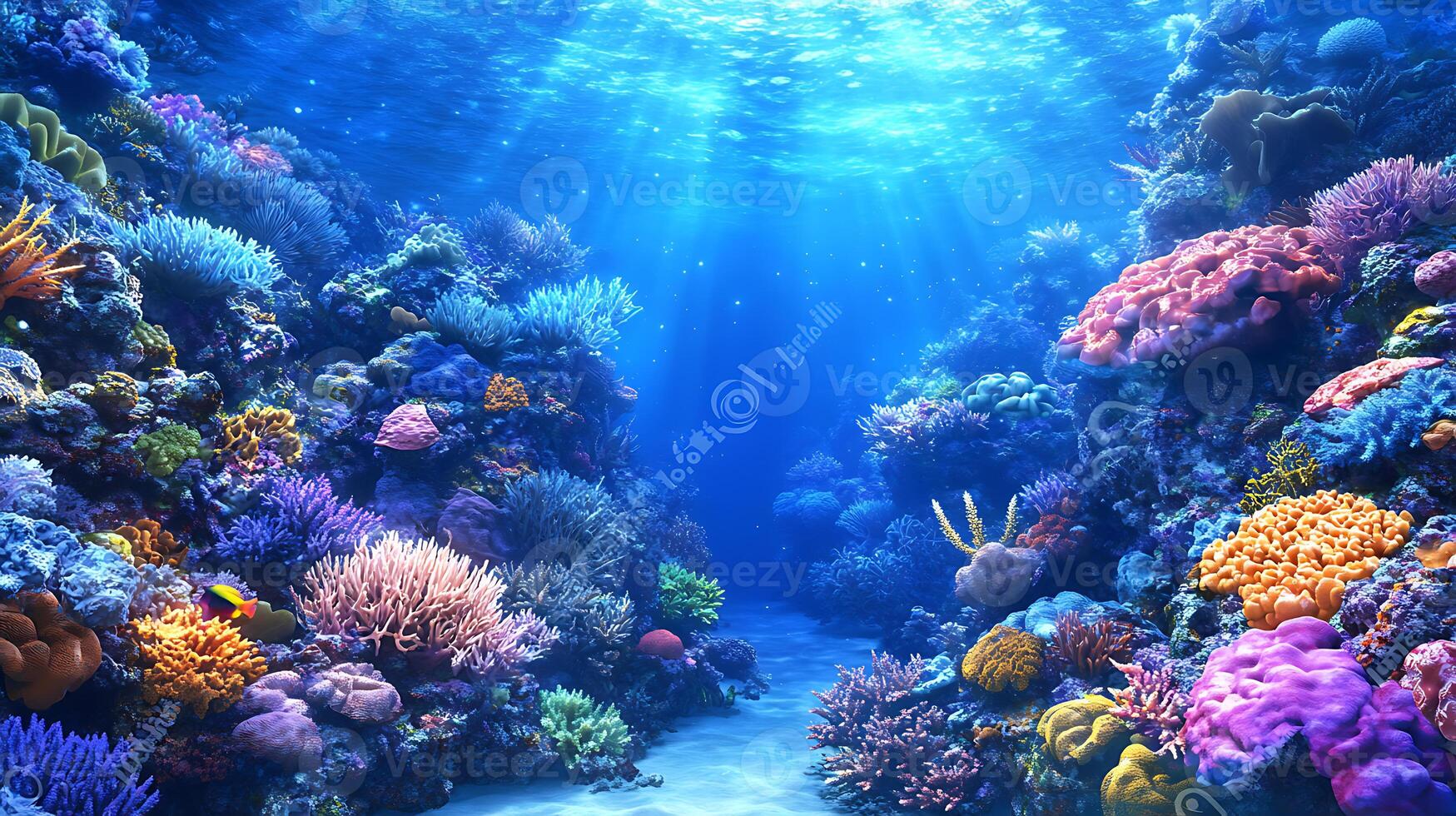 Vibrant Underwater Coral Reef With Tropical Fish Swarming in Crystal Clear Ocean Water photo