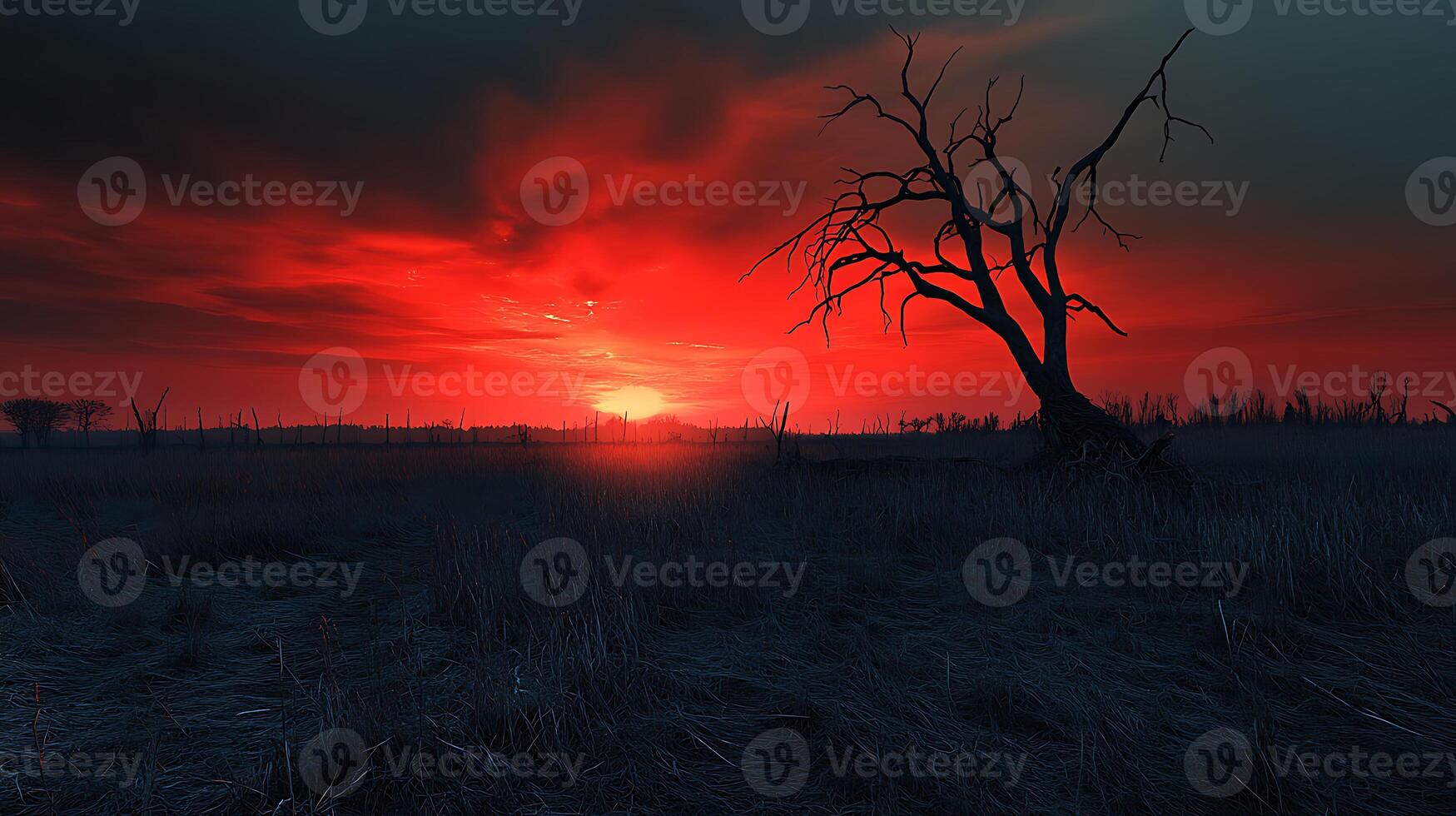 Dramatic Sunset Over Field with Silhouetted Bare Tree photo