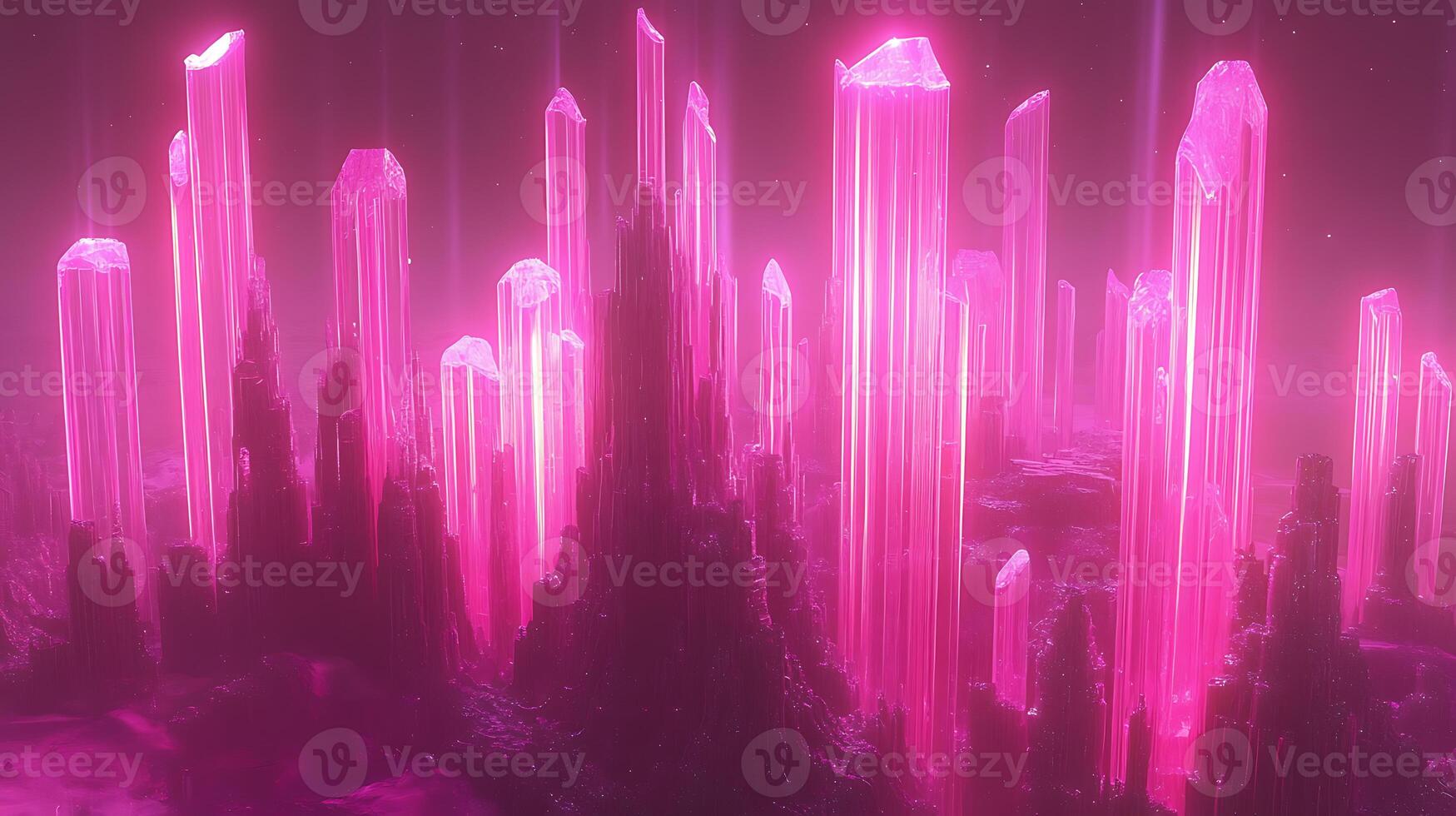 Enchanted Landscape with Towering Glowing Pink Crystal Formations at Night photo