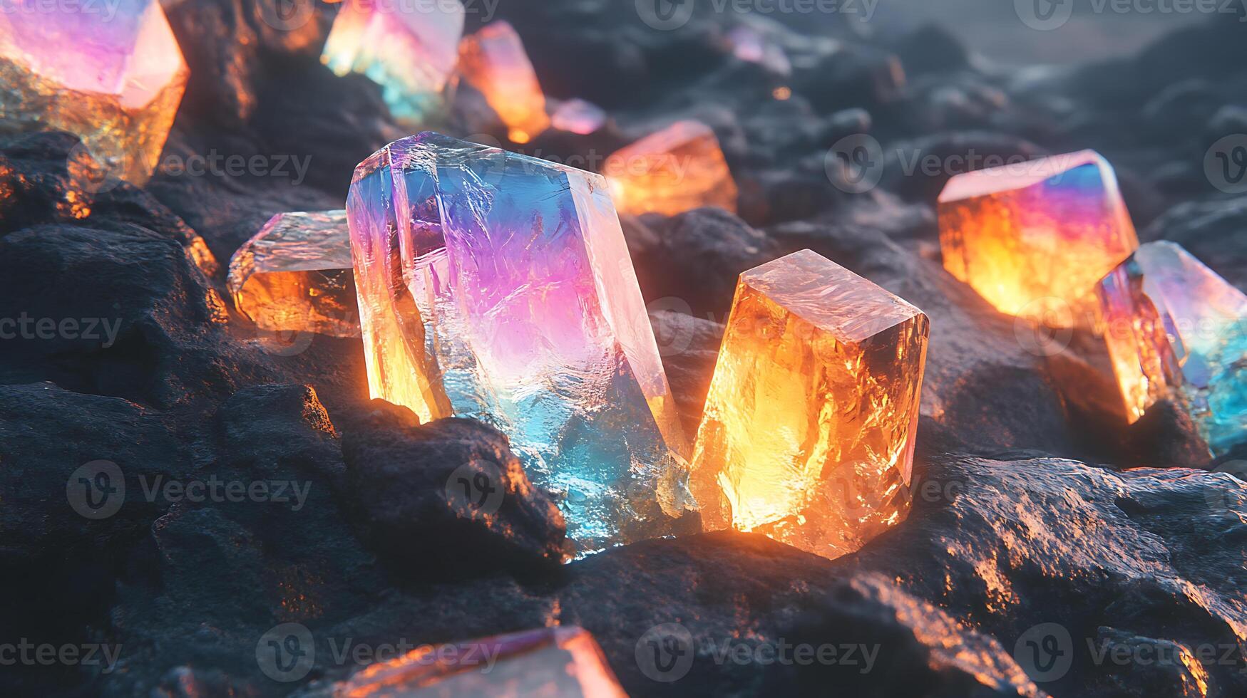 Colorful Luminescent Crystals on Dark Rocky Surface Illuminated by Light photo