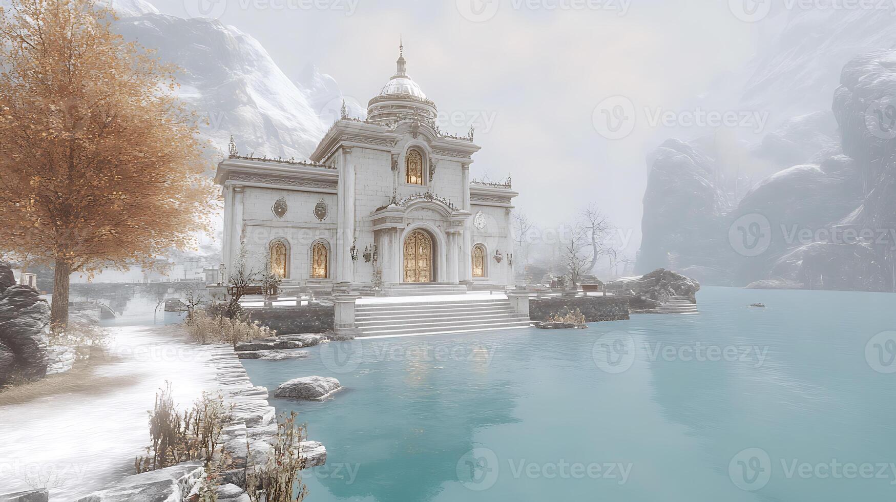 Elegant Temple By a Tranquil Lake in a Winter Setting photo