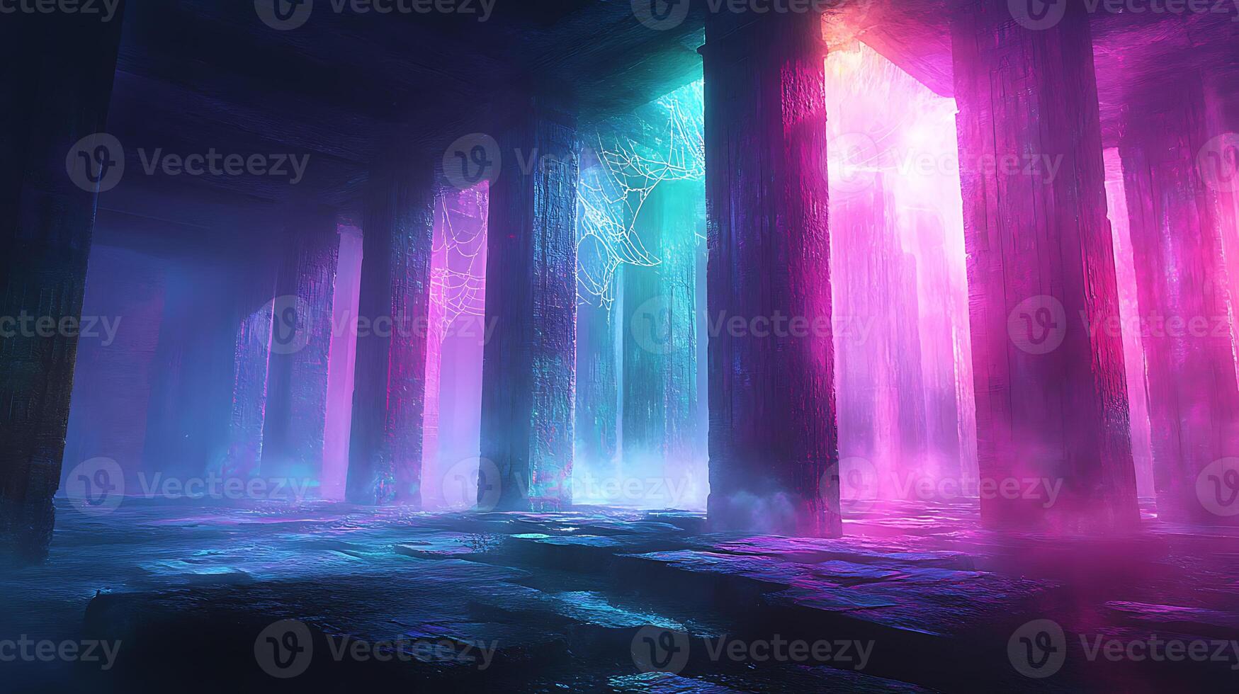 Vivid Neon Light Beams in an Ancient Architecture with Mystical Atmosphere photo
