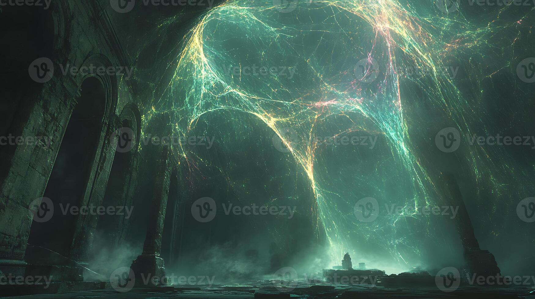 Mystical Ancient Ruins Beneath a Glowing Spiderweb of Vibrant Lights photo