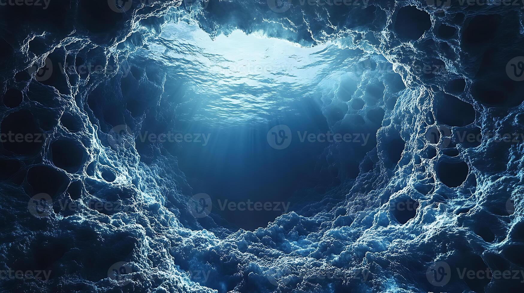Mystical Underwater Cavern Illuminated by Sunlight from the Ocean Surface photo