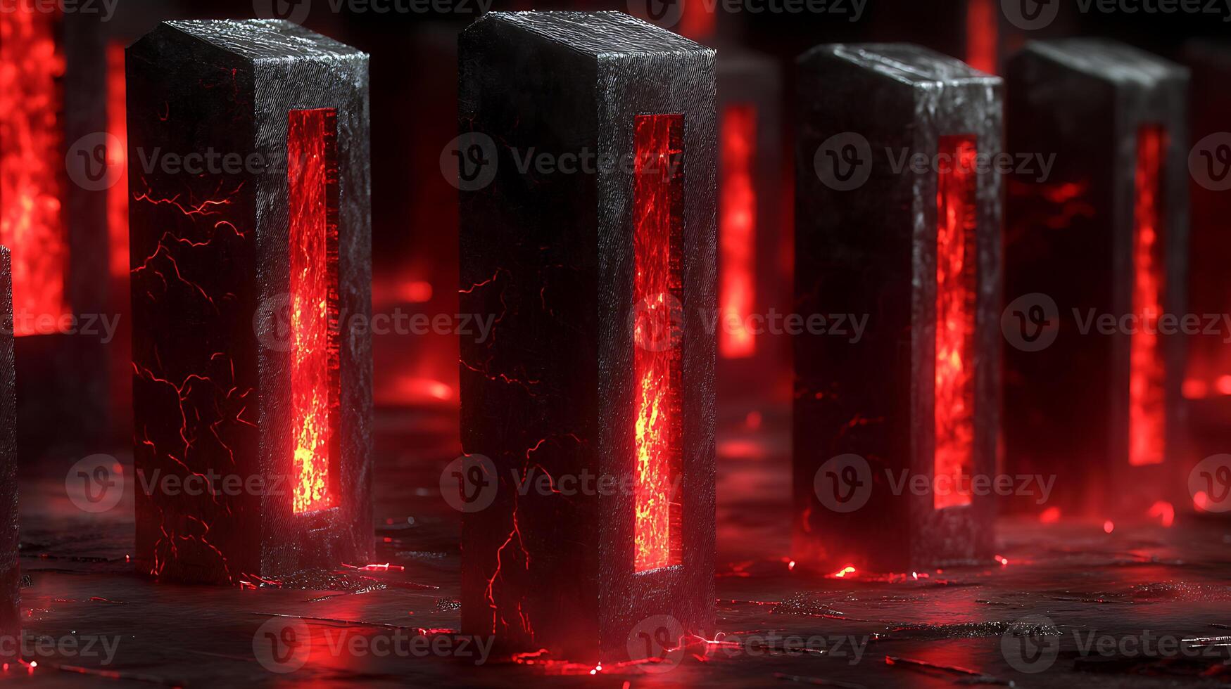Dramatic Monolithic Structures with Glowing Red Interiors in a Mystical Setting photo