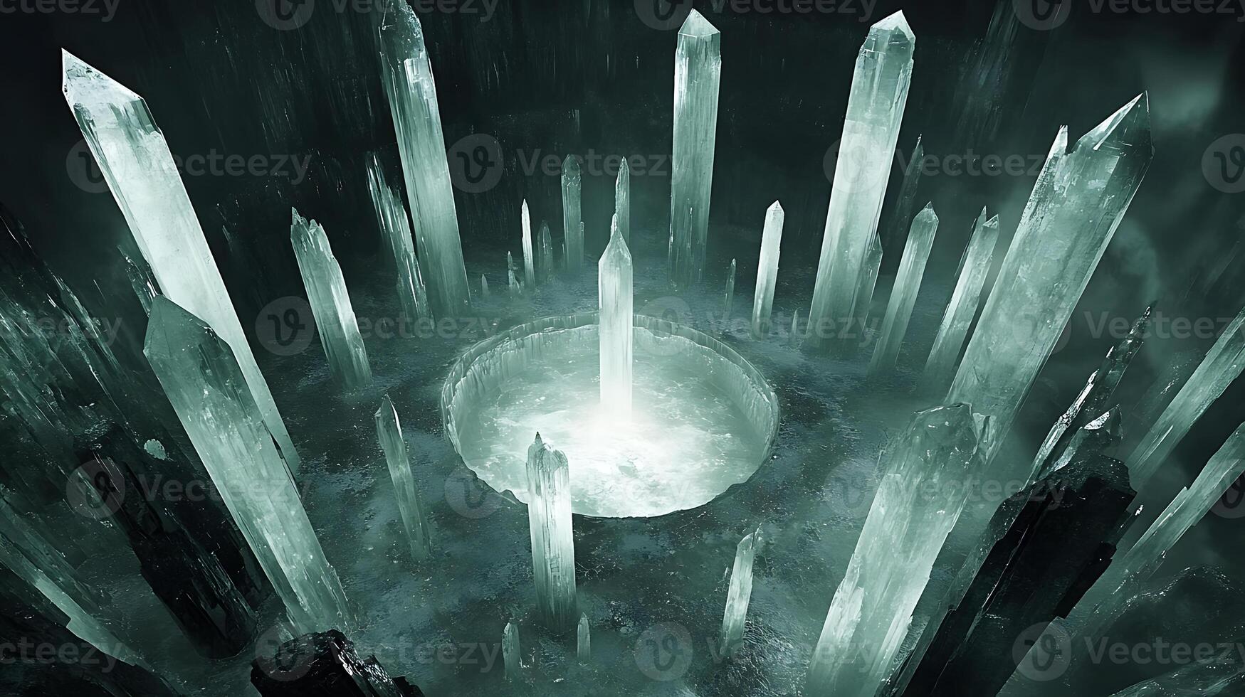 Enchanting Crystal Landscape with Towering Light-Reflecting Structures in Mystical Atmosphere photo