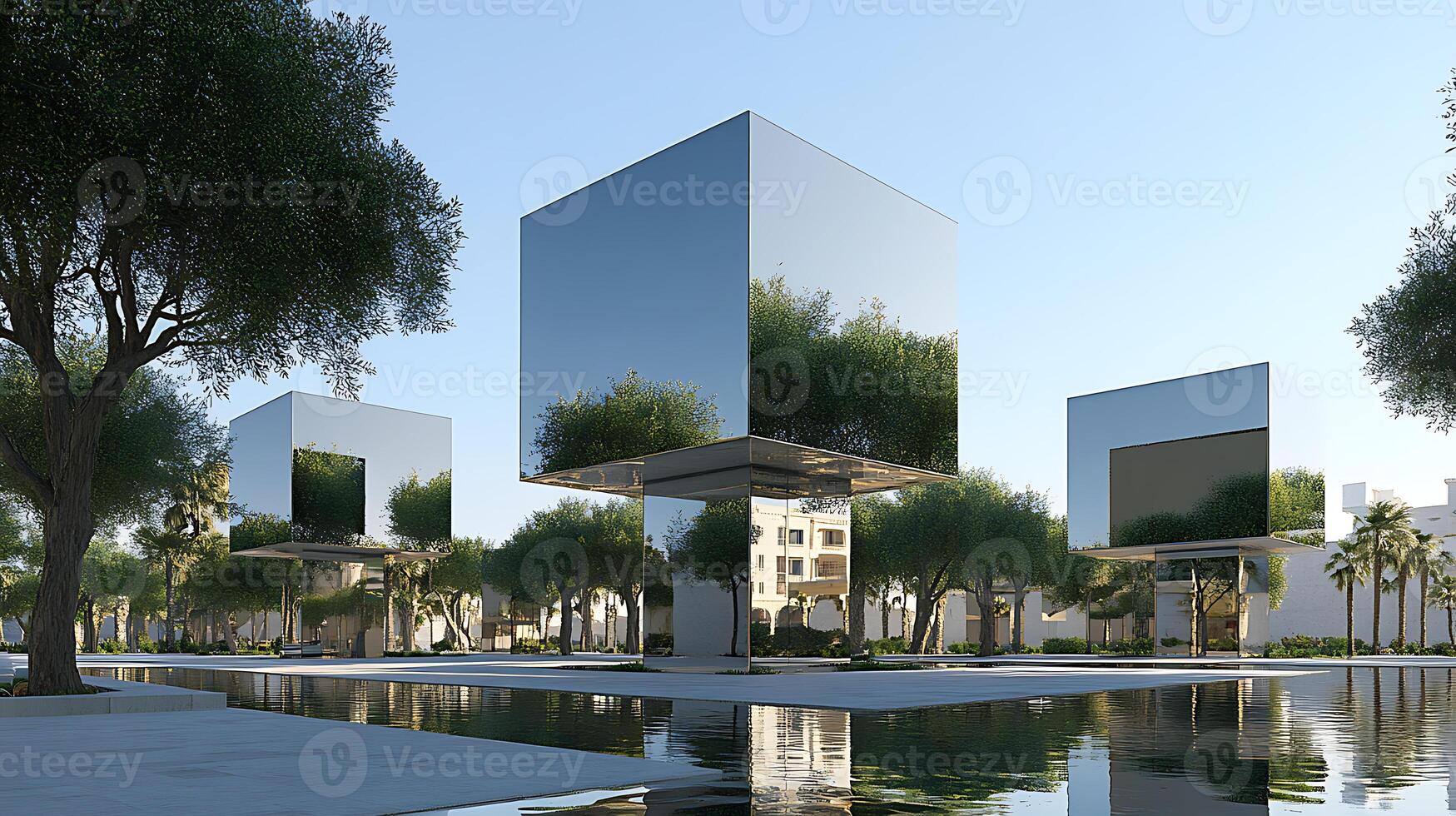 Modern Architectural Design Featuring Floating Gardens and Reflective Cube Structures photo