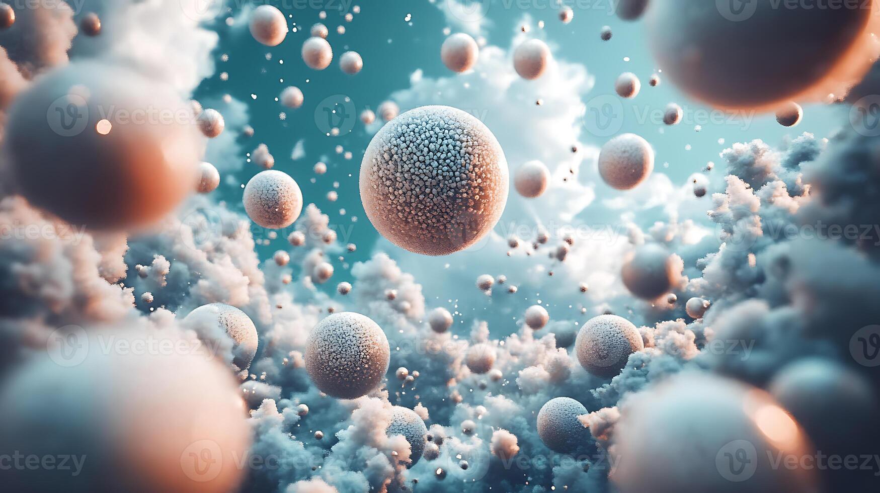 Abstract Floating Spheres Among Cloudy Sky in Dreamlike Atmosphere photo
