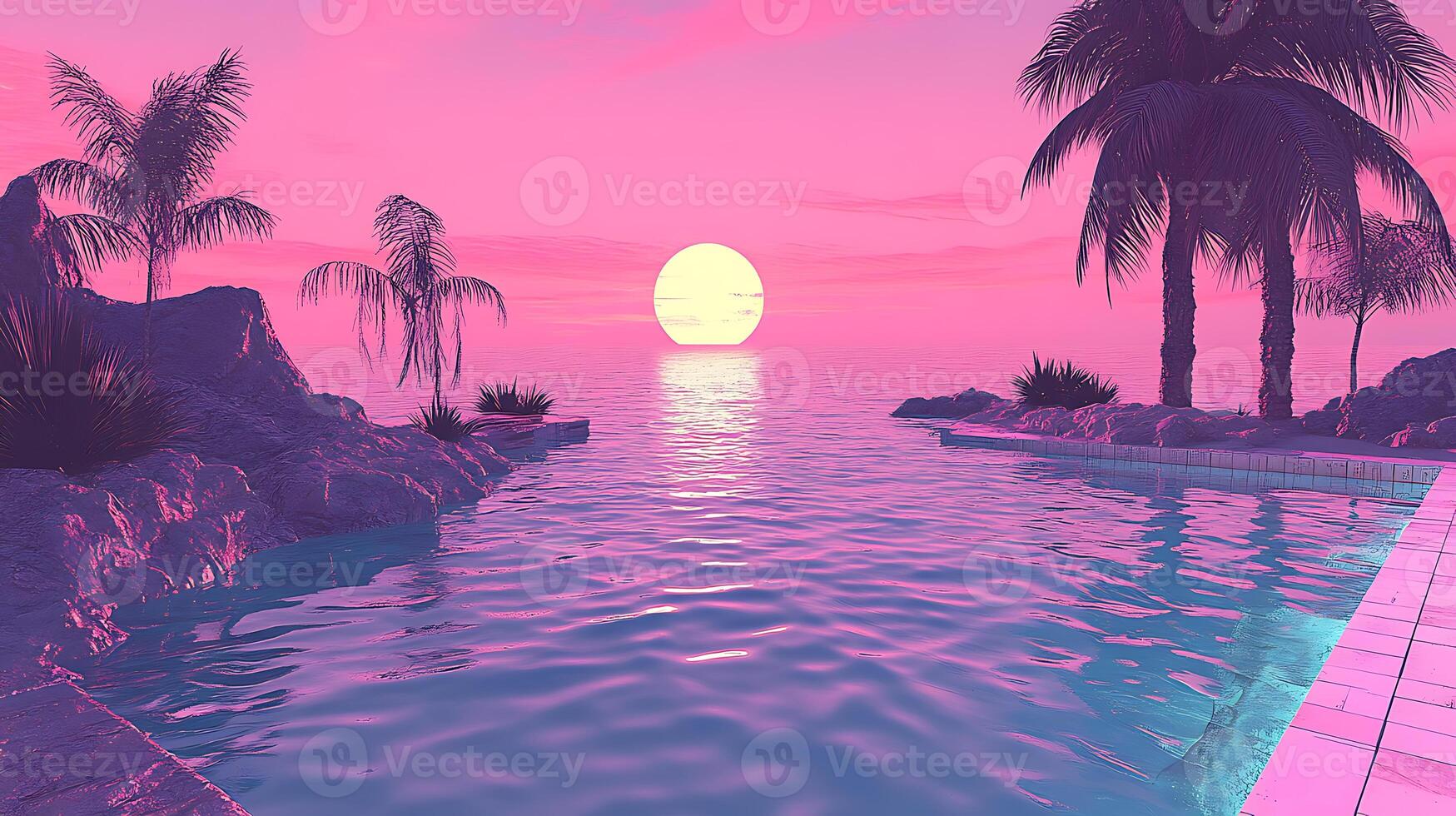 Tranquil Sunset Over Tropical Paradise with Pool and Palm Trees photo