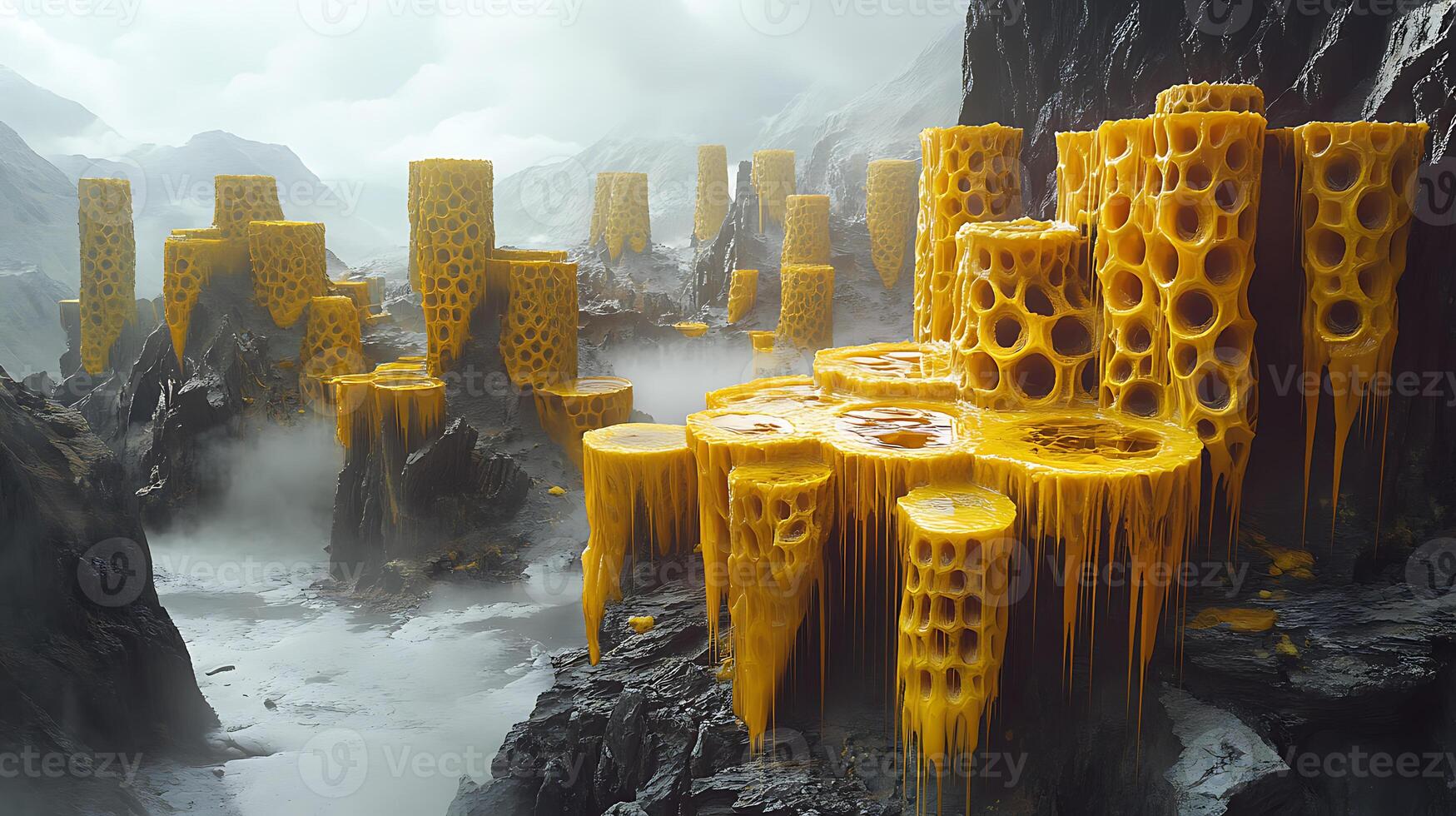 Golden Honeycomb Formations in a Mystical Foggy Landscape photo