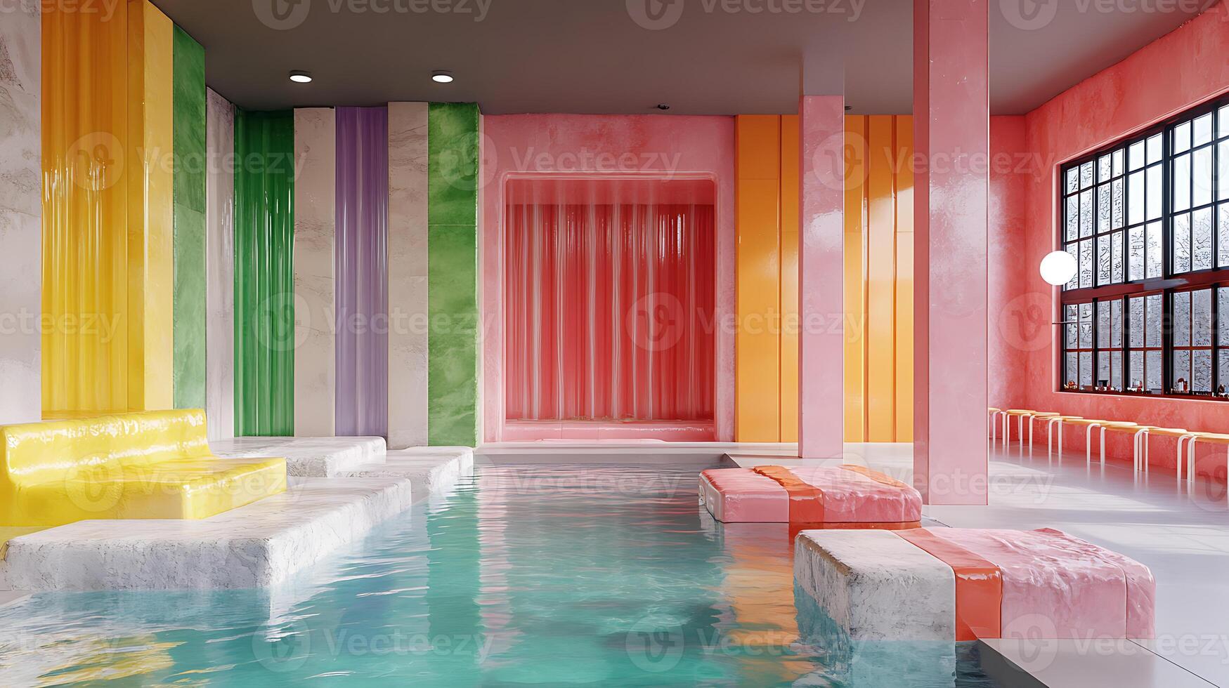 Colorful Indoor Pool with Modern Design and Resting Area photo