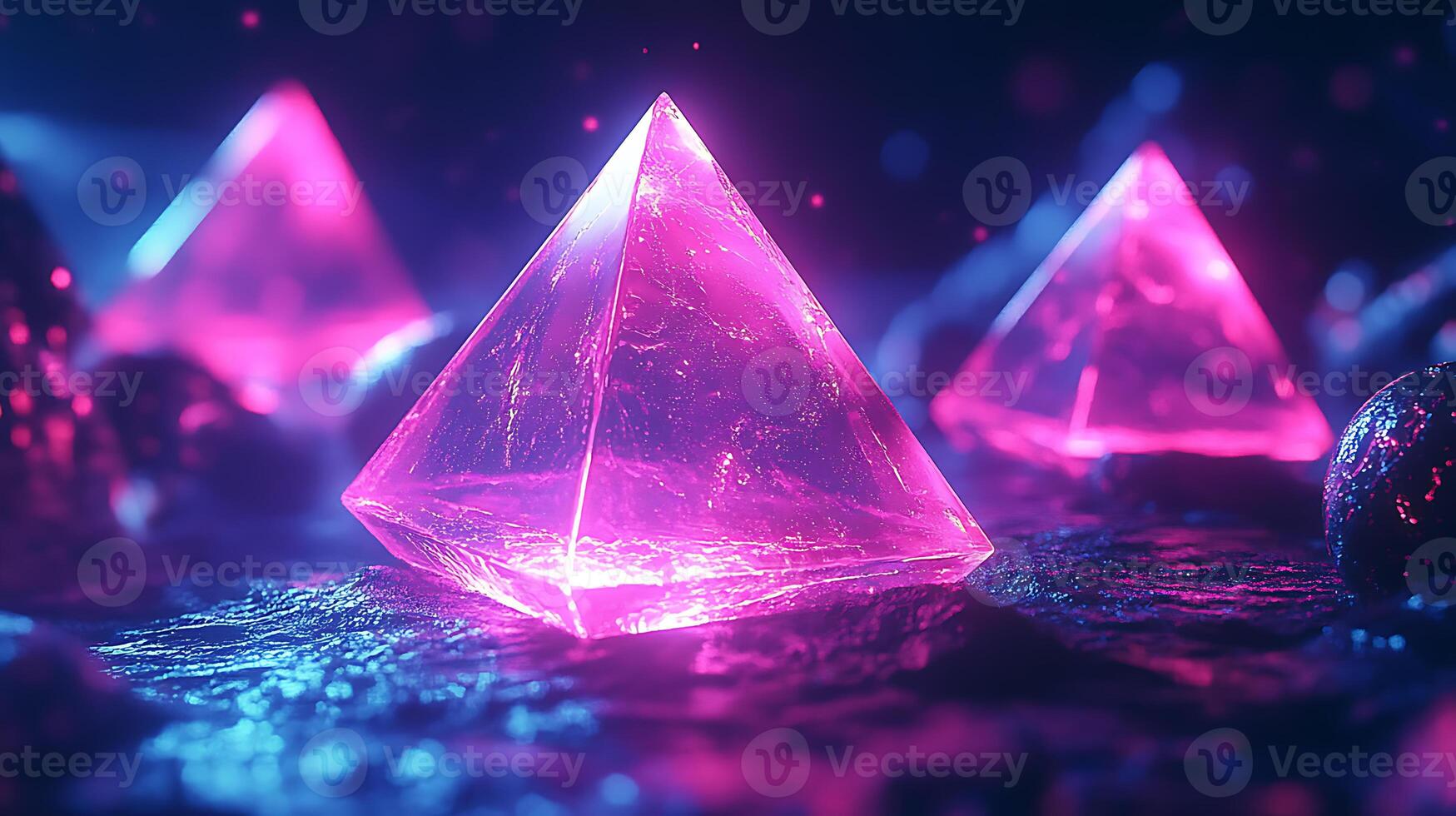 Glowing Neon Pyramids on a Mystical Surface in Vibrant Colors photo