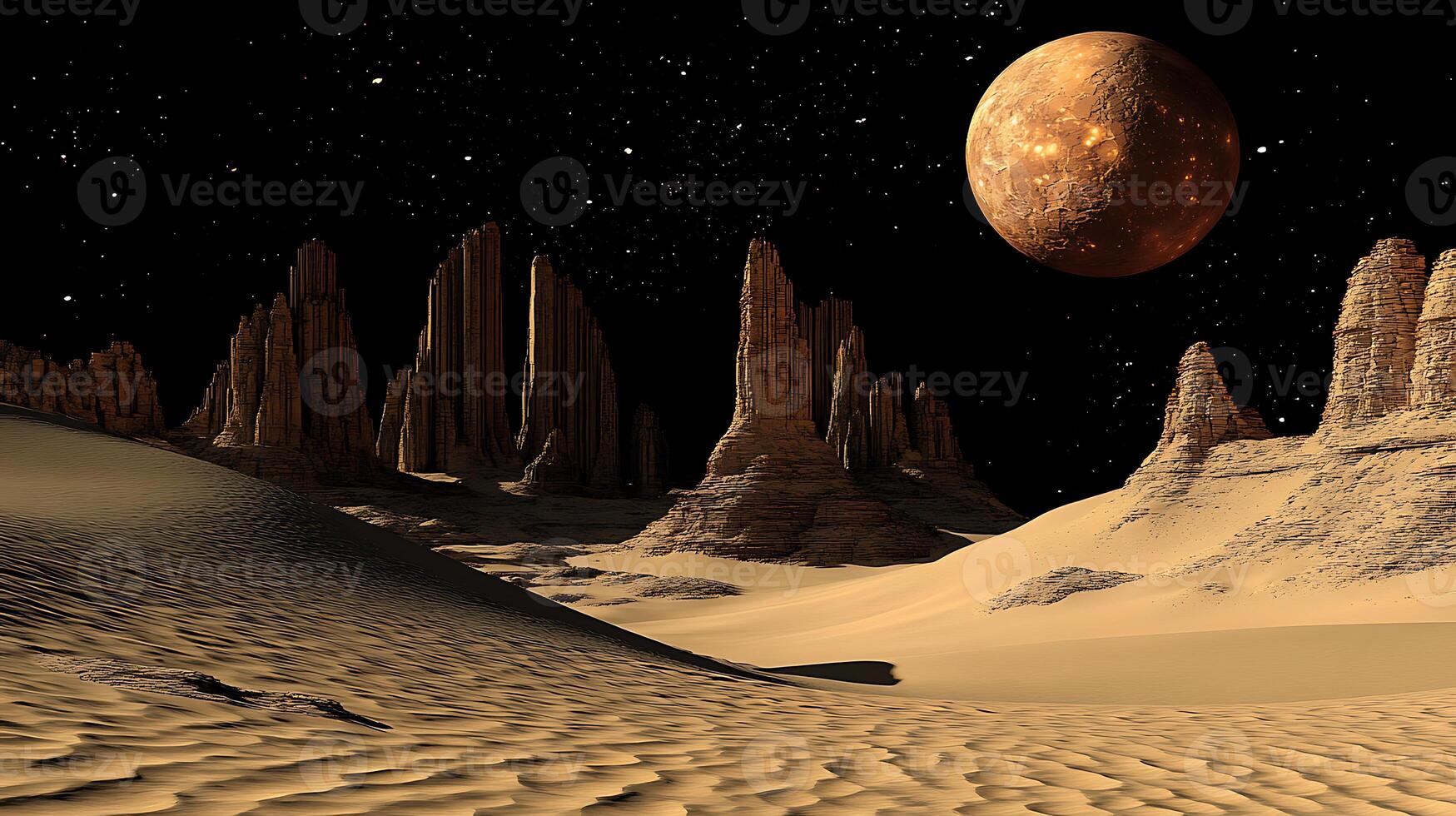 Majestic Alien Landscape With Rising Moon Against Starry Night Sky photo