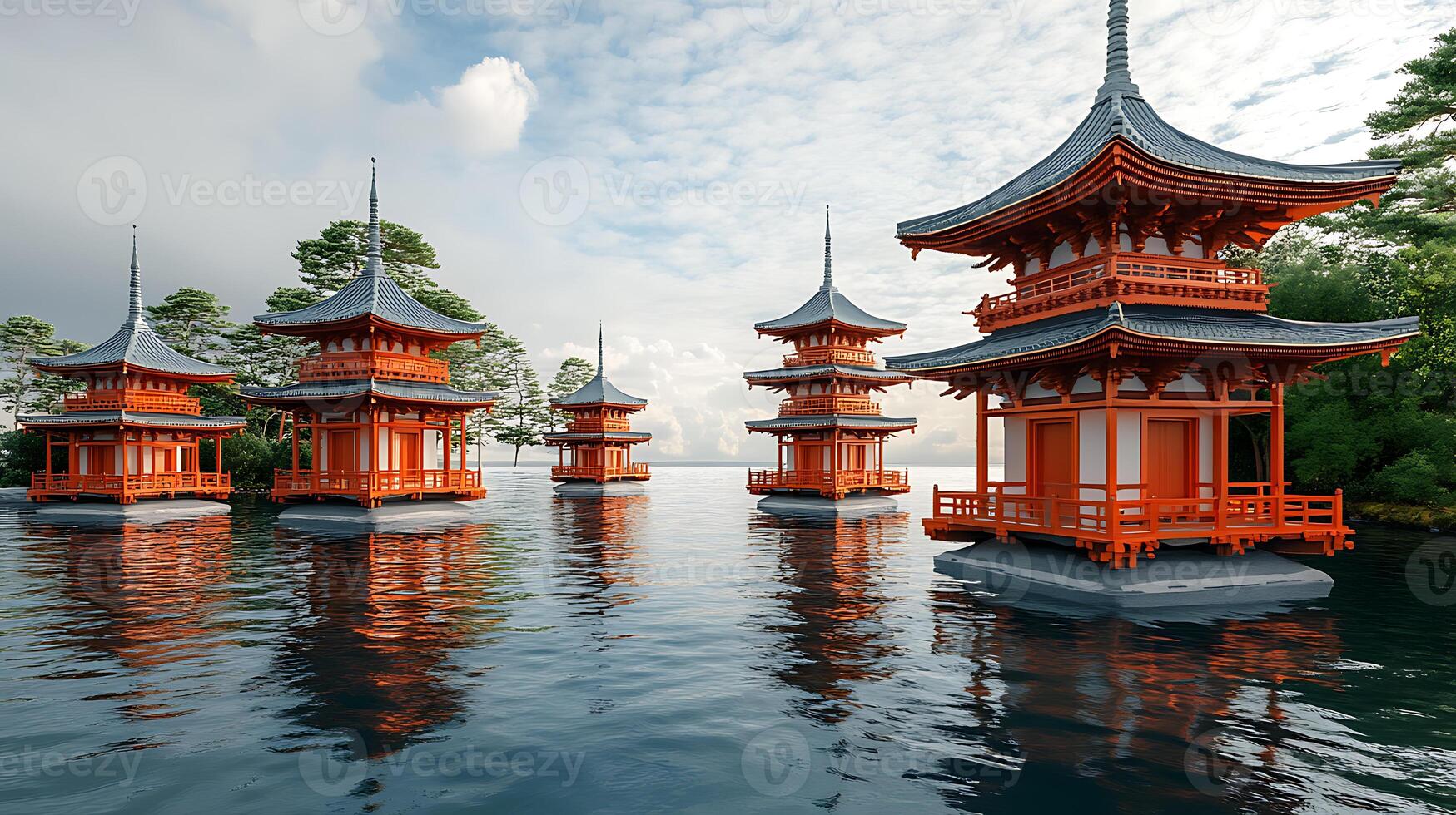Traditional Pagodas Floating on Serene Water Surrounded by Nature photo