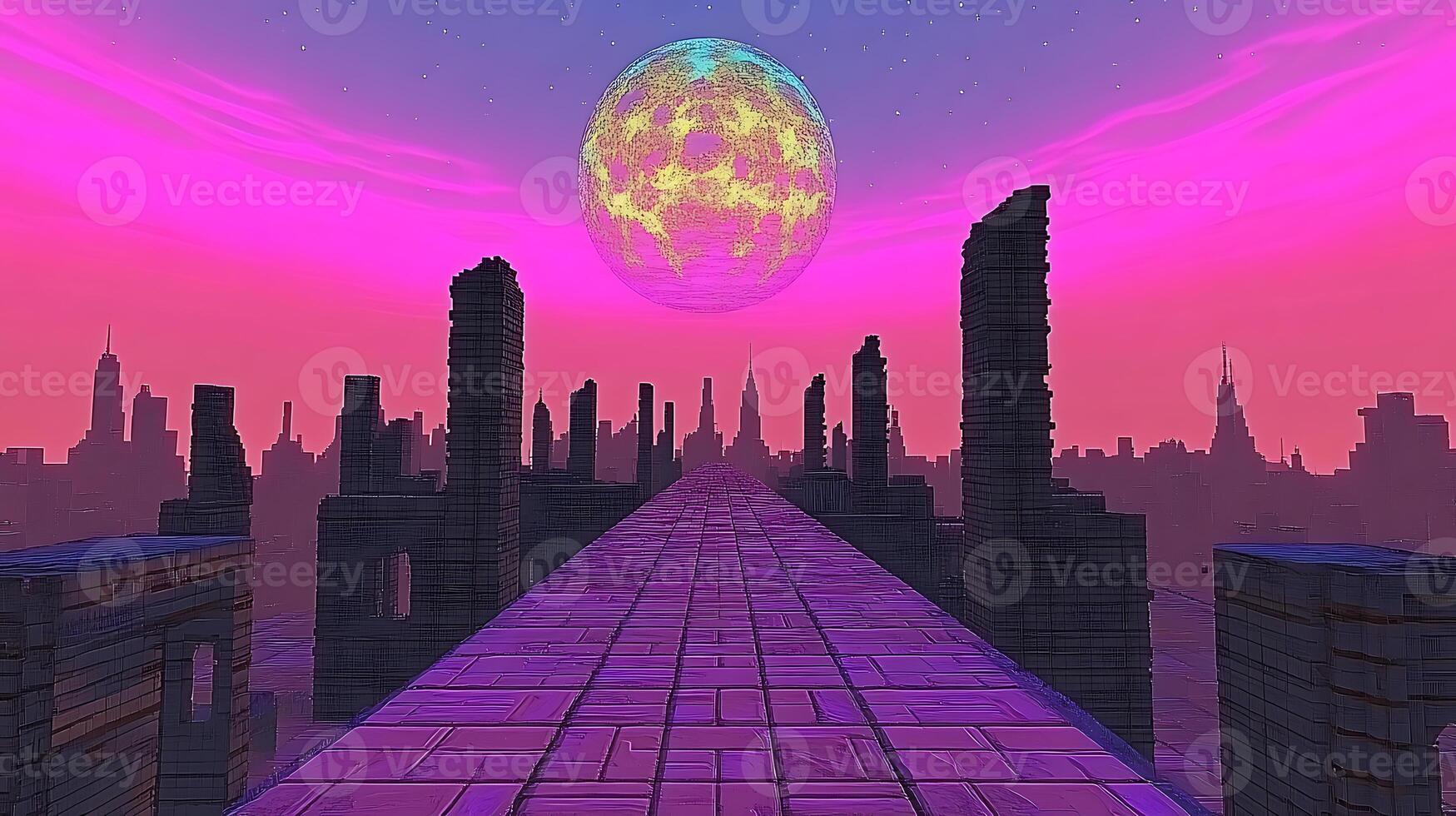 Surreal Futuristic Cityscape with Vibrant Sky and a Glowing Planet photo